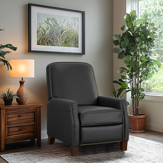 Simple Deluxe Mid-Century Modern Pushback Chair, Faux Leather Recliner Chair for Bedroom, Adjustable Single Upholstered Sofa with Brass Nailhead Trim, Recliners Armchair for Living Room, Black