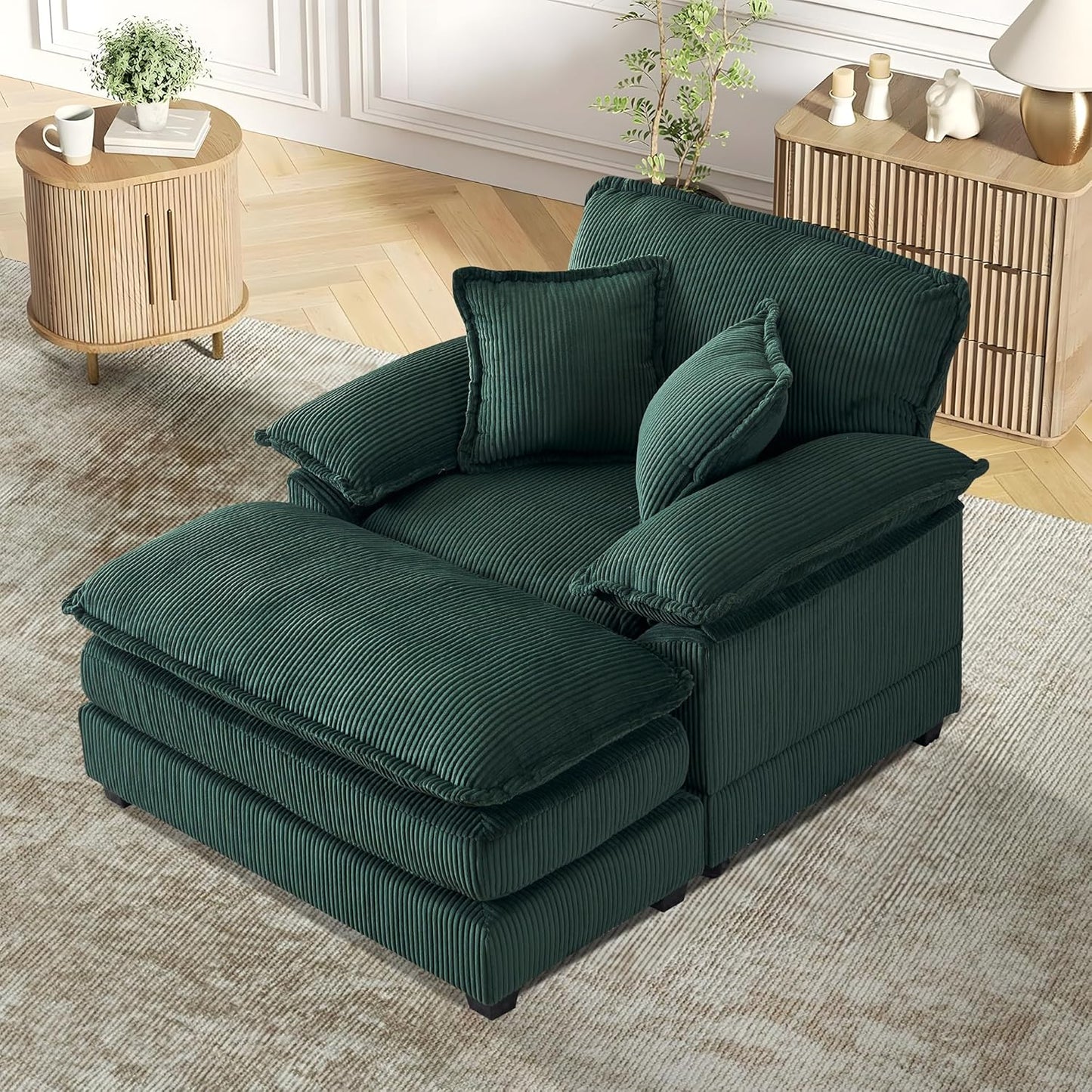 TTK Oversized Corduroy Chaise Lounge Chair with Ottoman - 46.9" Wide Modern Sleeper Sofa for Living Room, Bedroom & Office - Deep Seat Sectional Couch with Pillow, Comfortable Reading Chair, Beige