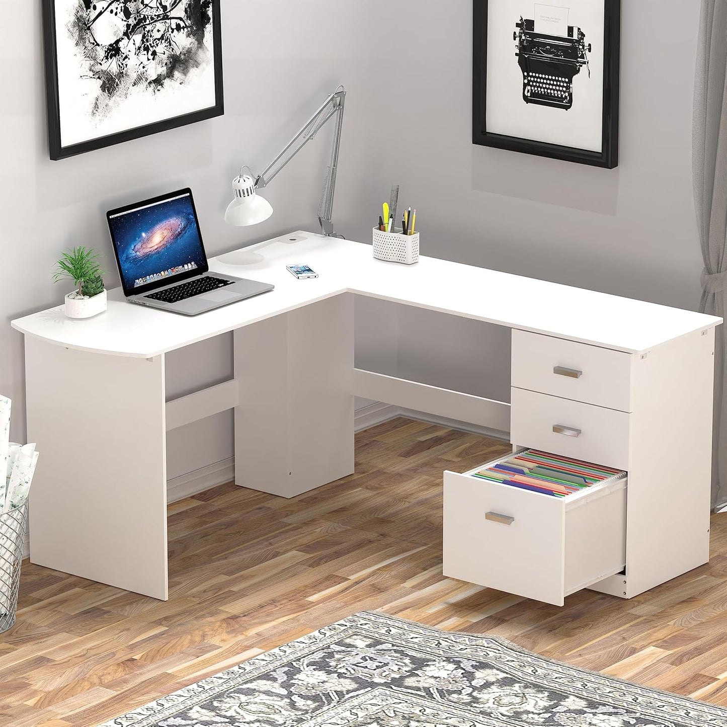 SHW 51 x 59 Inches L-Shaped Home Office Wood Corner Desk with Box Box File Drawers, Black