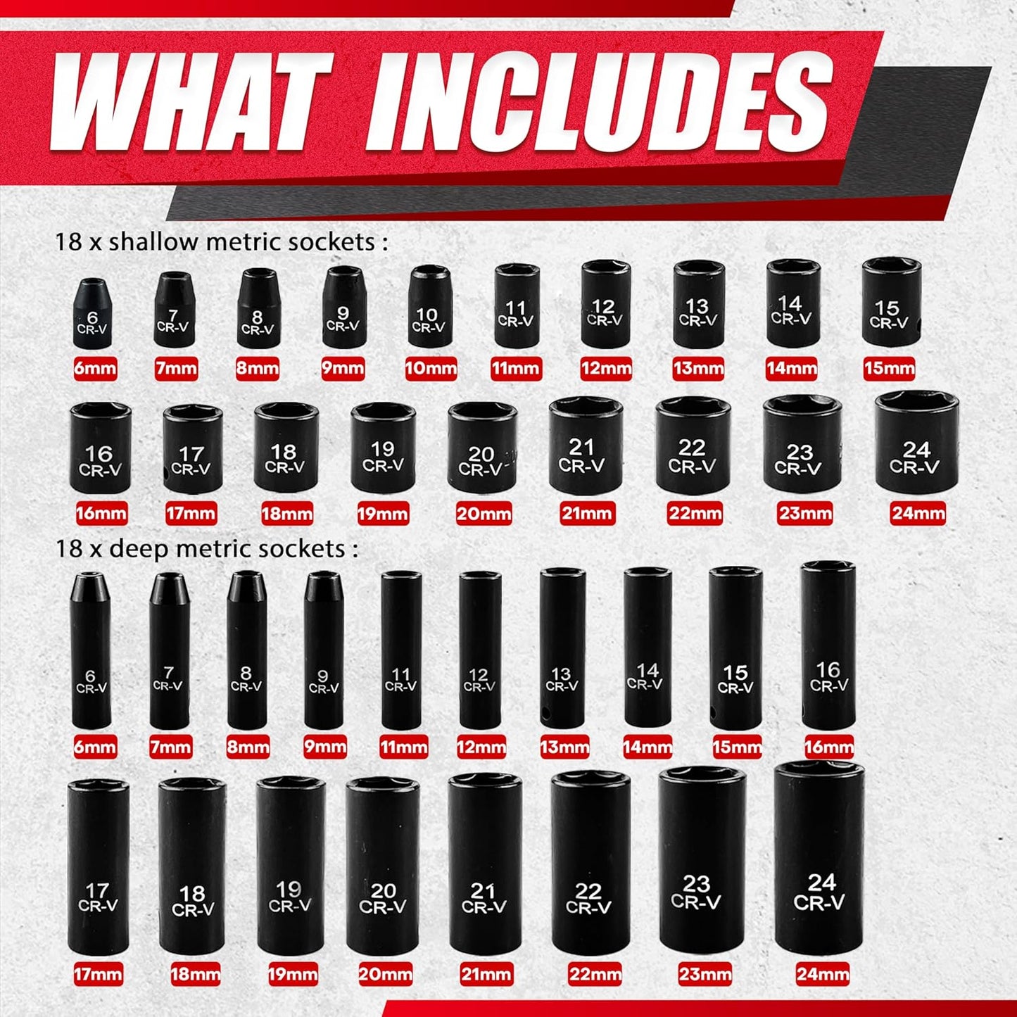 64pcs 3/8" Socket Set,Drive Impact Socket Set, SAE/Metric, Deep & Shallow, Cr-V Steel, 6 Point with Adapters, 72T Ratchet Handle, Extension Bars,Bit Adapter,6-24mm,5/16-1 inch