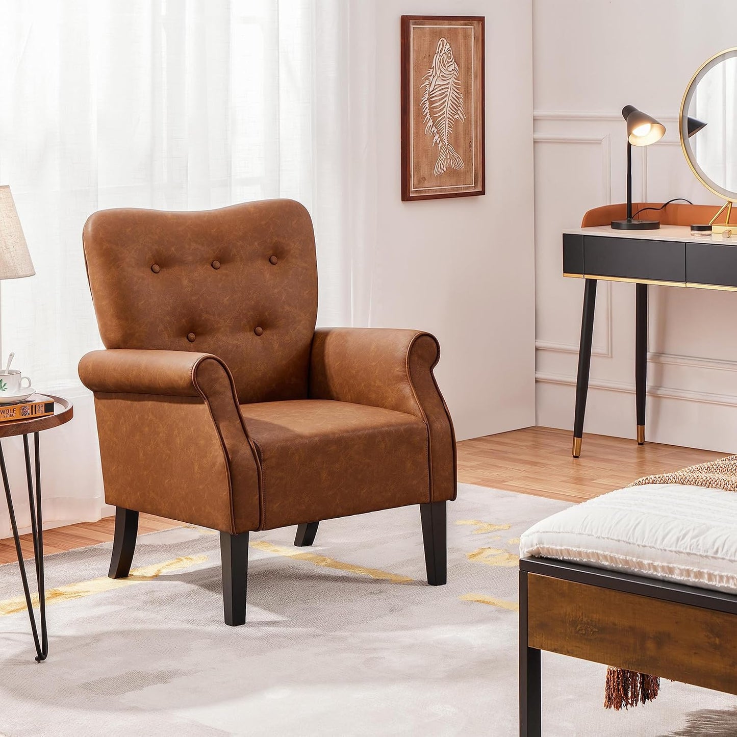 Topeakmart Fabric Accent Chair, Modern PU Leather Armchair with Wooden Legs, High Back and Comfortable Cushioned Seat for Living Room Bedroom Retro Brown 2 Piece