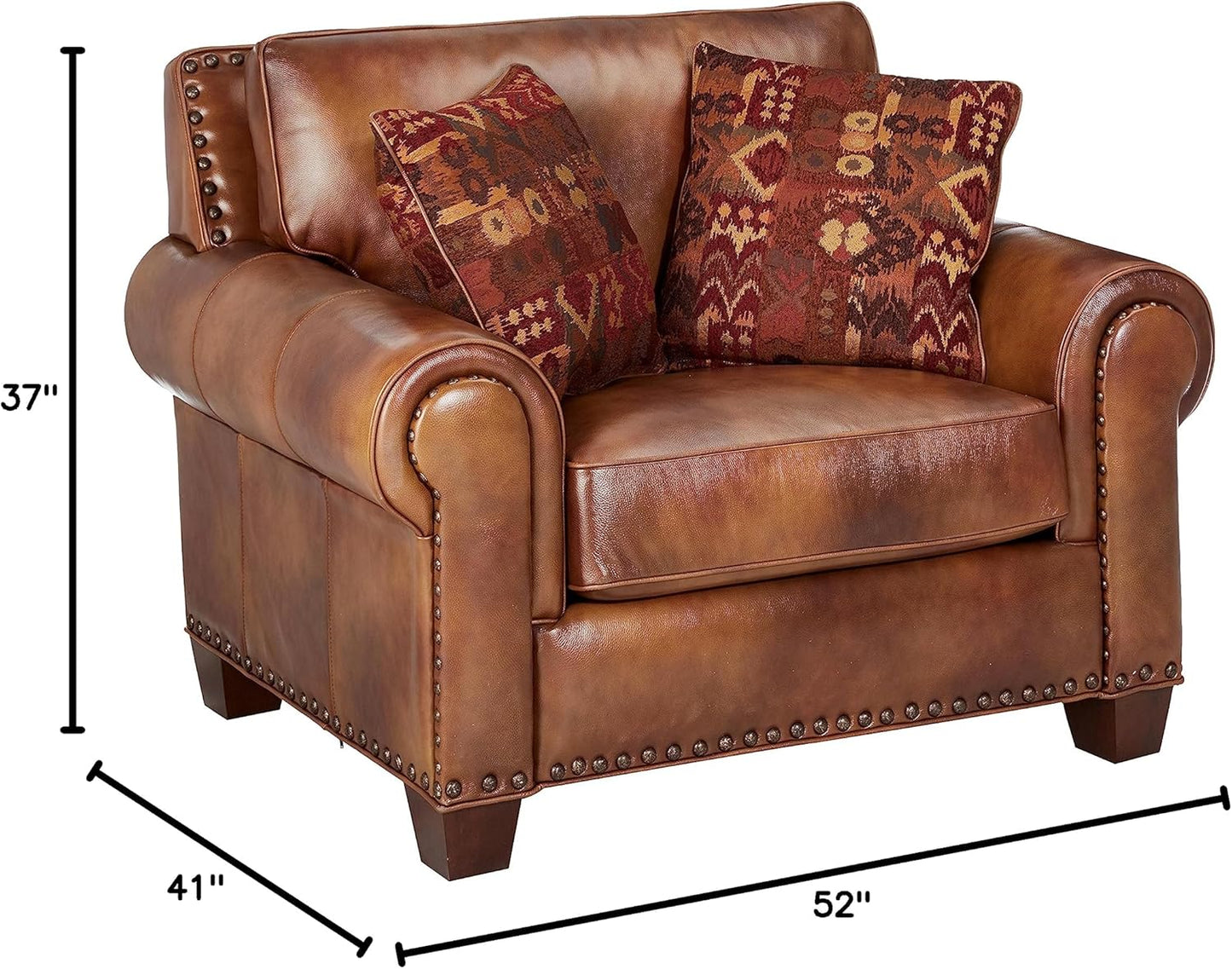 Steve Silver Company Silverado Chair with 2 Accent Pillows, Antique Nailhead Trim, Top-Grain Leather, Living Room, Game Room, Armrest, 41" D x 52" W x 38" H, Brown, Caramel
