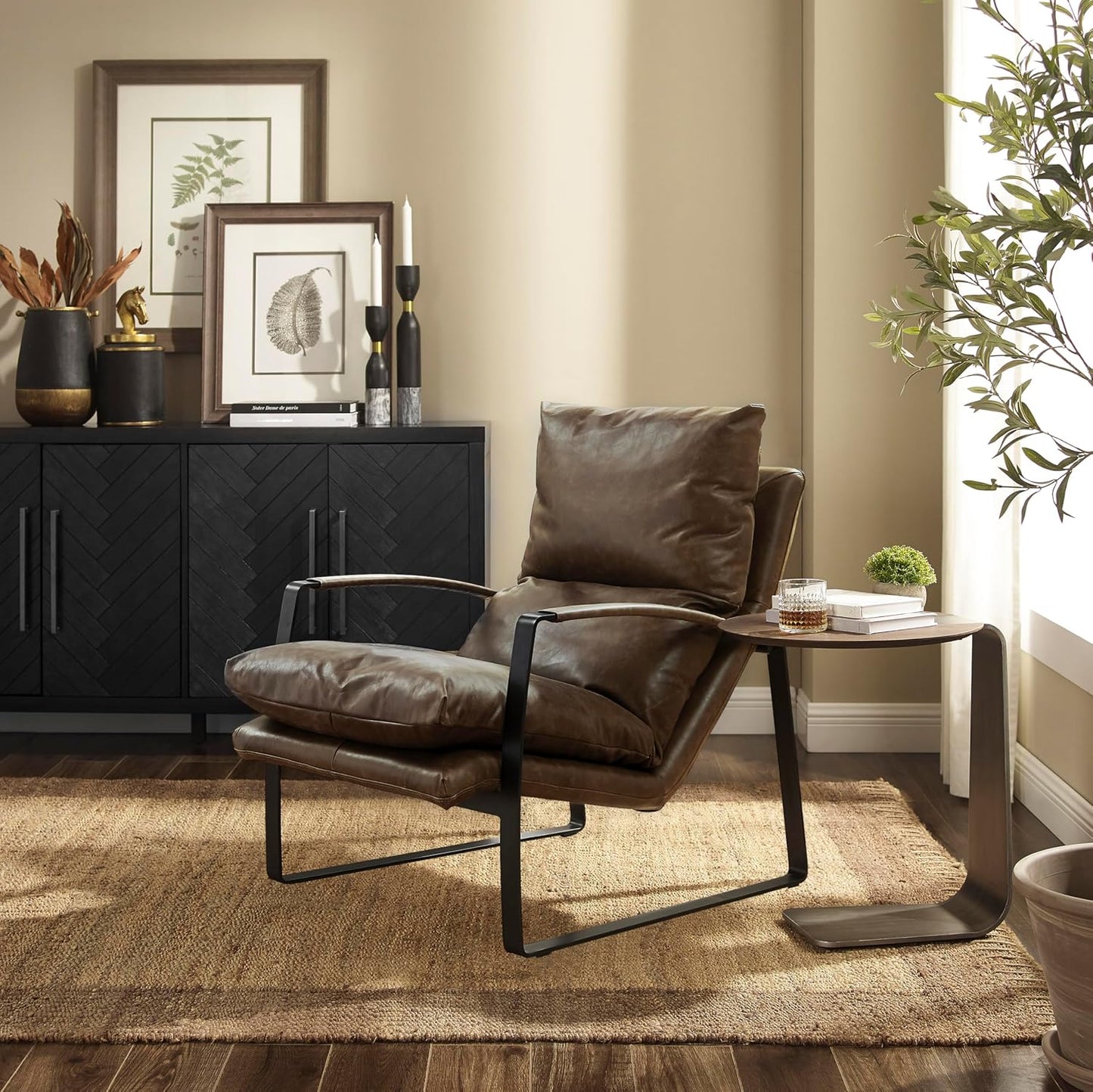 Art Leon Genuine Leather Accent Chair, Mid Century Modern Living Room Chair Lounge Chair with Black Metal Frame, Brown