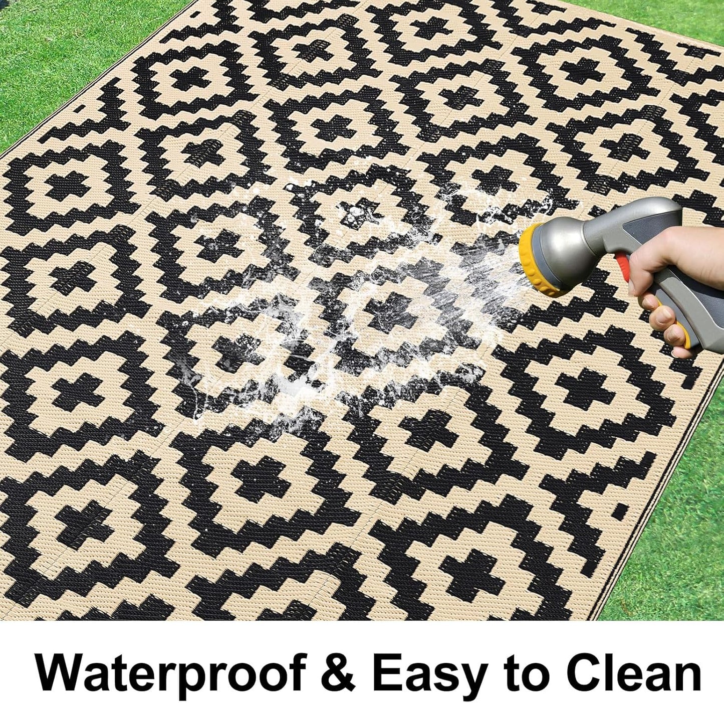 Smiry Waterproof Outdoor Rug 5x8 ft, Reversible Plastic Straw Patio Camping Rugs, Outdoor Indoor RV Mat Carpet for Patio, Outside Entry, Backyard, Deck, Bench, Picnic, Camper, Black & Beige
