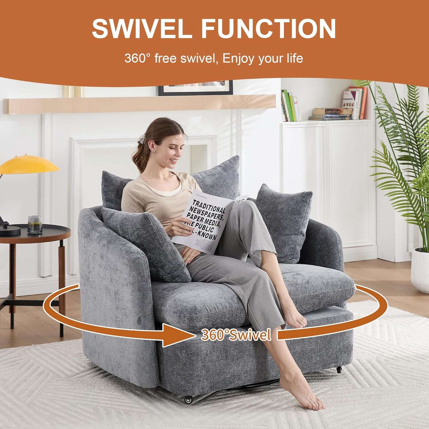 46" Oversized Swivel Accent Chair with Ottoman Set, Upholstered 360° Swivel Barrel Chair and A Half with Ottoman, Extra Wide Seat Lounge for Living Room, Reading, Bedrooms