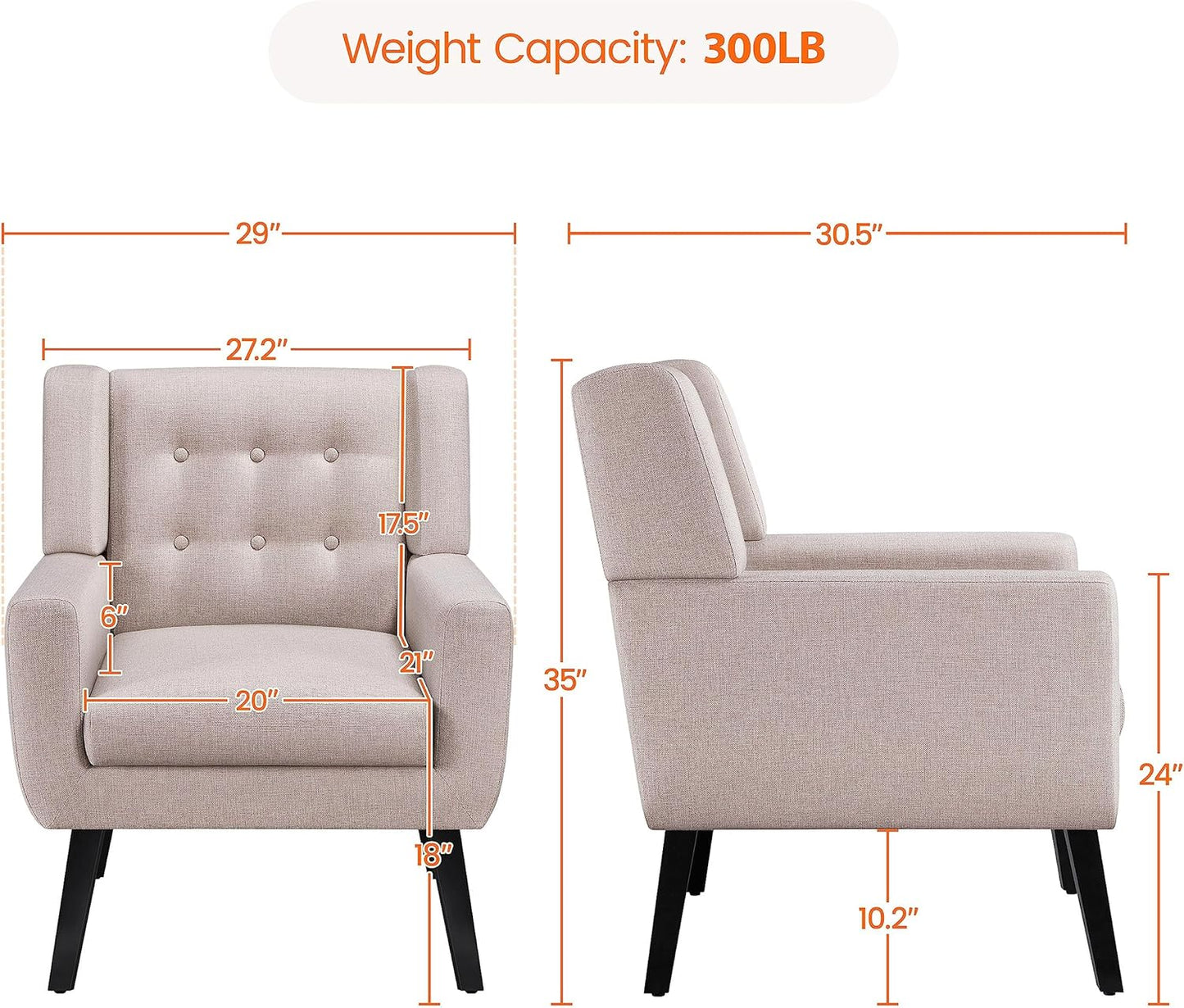 Topeakmart Armchair, Button Tufted Accent Chair with Solid Wood Legs, Linen Fabric Upholstered Barrel Chair Leisure for Living Room Office Bedroom Home Office, Beige, 2pcs