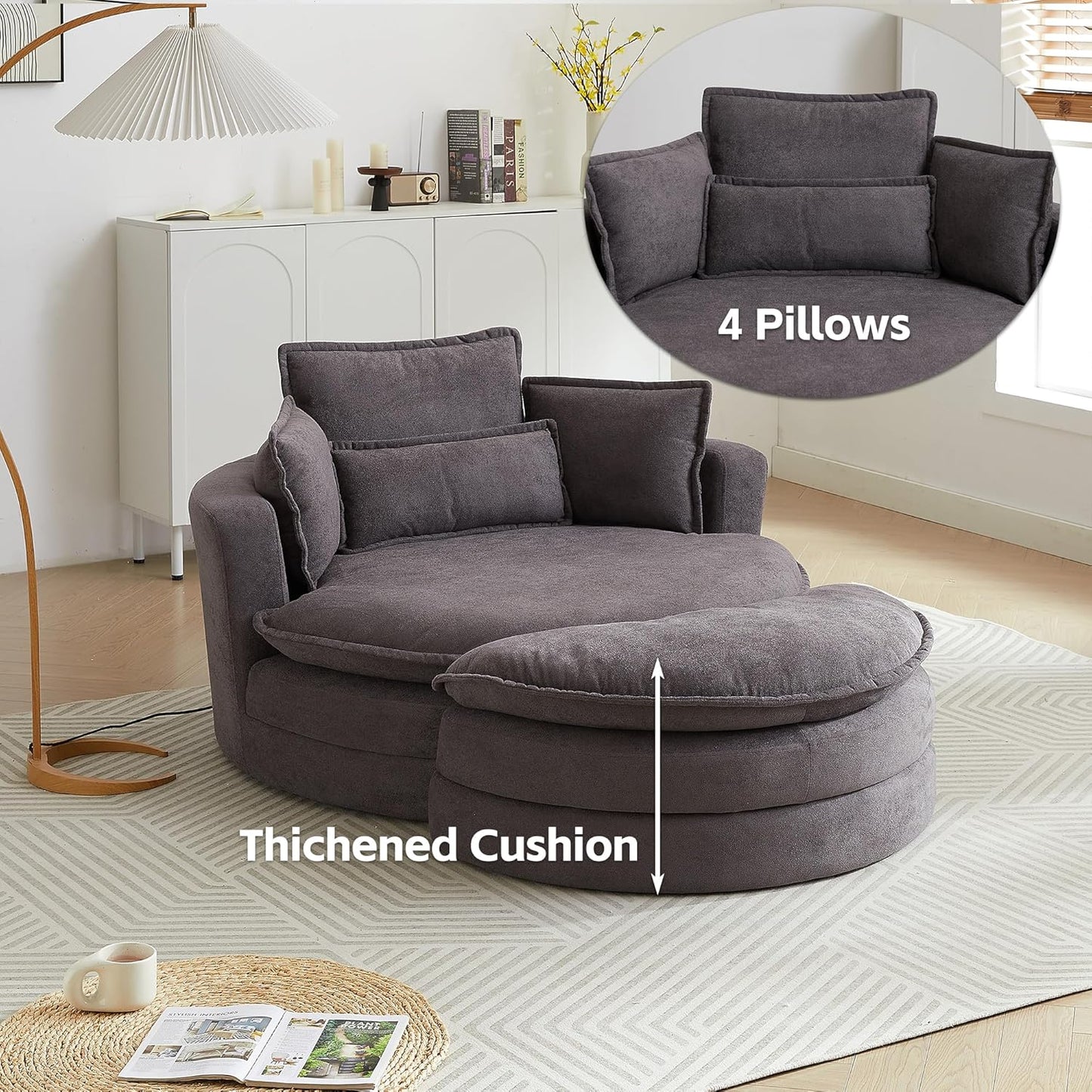 52'' Accent Swivel Barrel Chair with Storage Ottoman,Modern Oversize Round Swivel Leisure Armchair for 4 Pillows, Chenille Fabric for Living Room,Hotel,Club Lounge Chair,Grey…