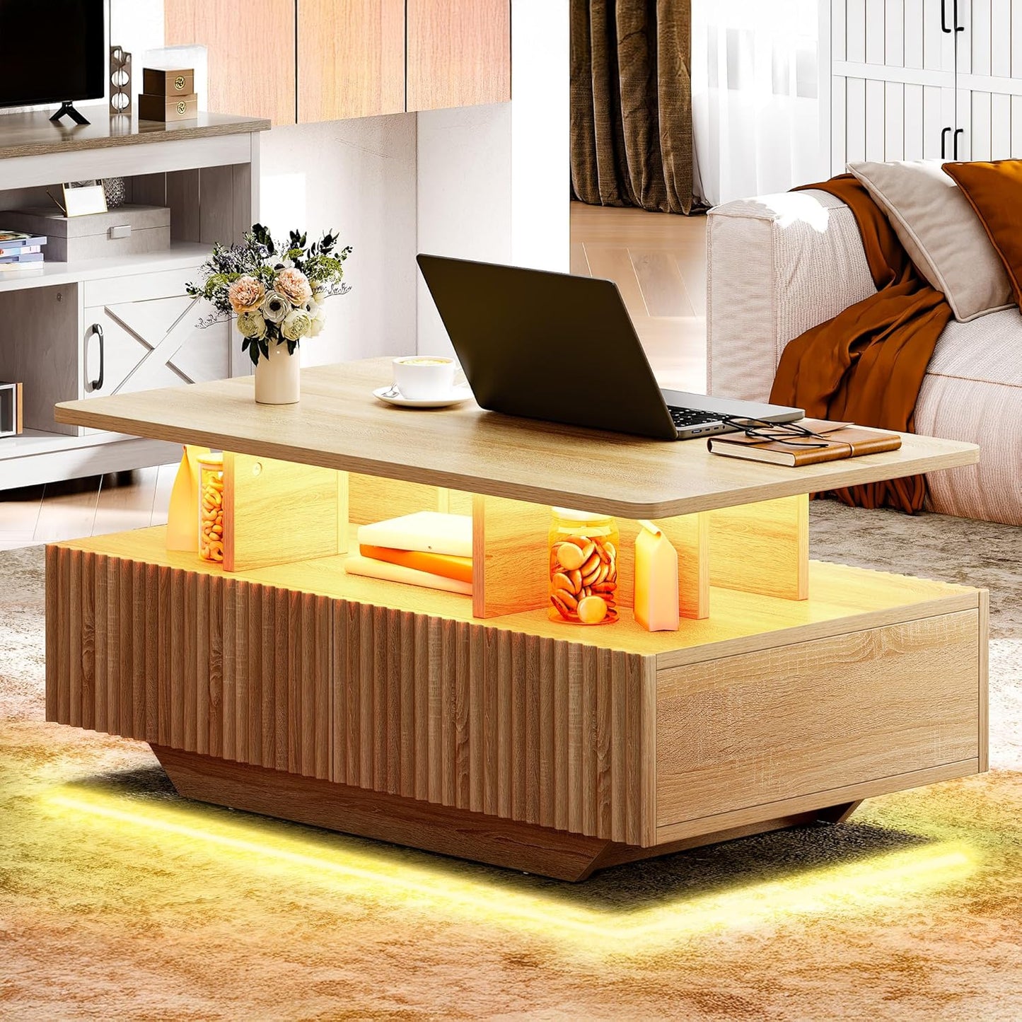 YITAHOME LED Coffee Tables for Living Room, High Glossy Coffee Table with Storage 4 Sliding Drawers, Small Rectangular LED Coffee Table Center Table with Open Display Shelf, Glossy White