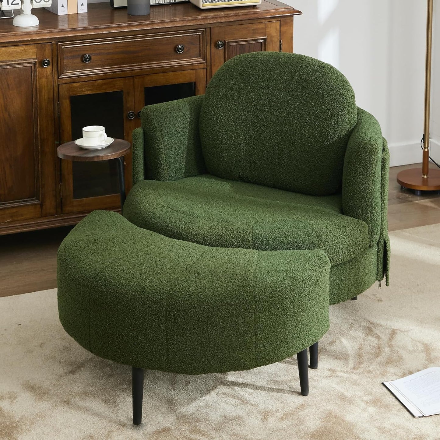 42.5" Lamb Velvet Sleeper Chair with Ottoman & Armrests, Upholstered Chaise Lounge Recliner with Side Table & Footstool, Removable Headrest, Single Reading Sofa Chair for Bedroom (White)