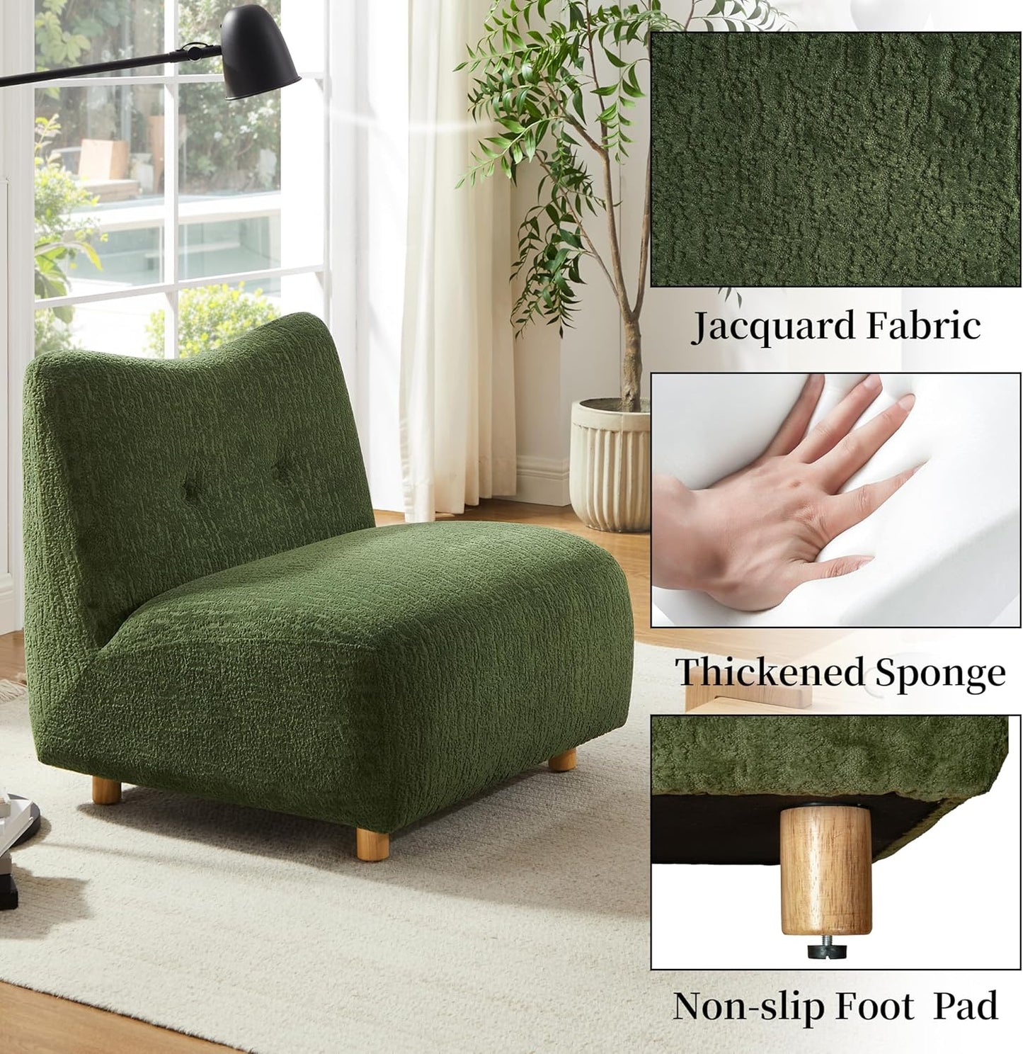 Art Leon Modern Accent Chair - Fabric Modular Sofa Chair Armless Chair with Wooden Legs Set of 2 for Living Room Bedroom Green