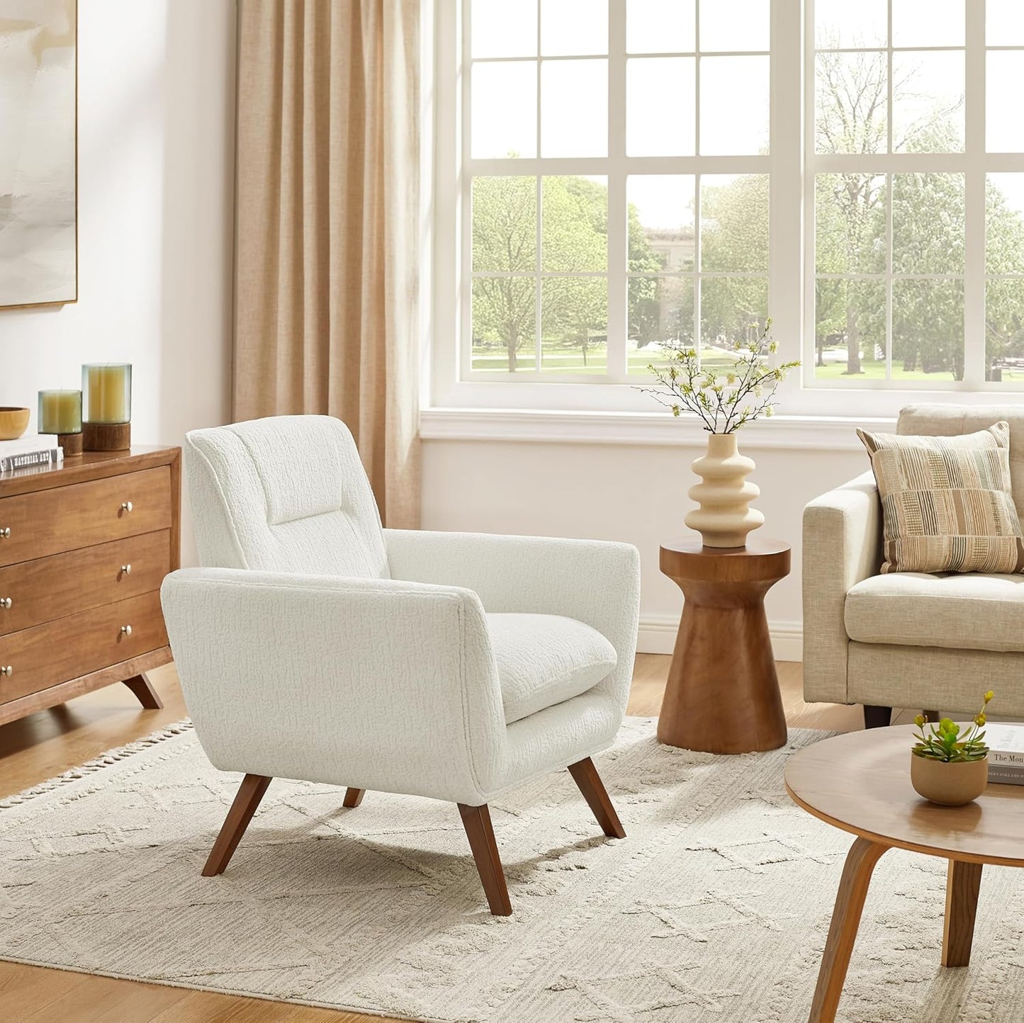 Art Leon Modern Accent Arm Chair - Fabric Upholstered Single Sofa Lounge with Wood Grain Metal Legs for Living Room Bedroom, White
