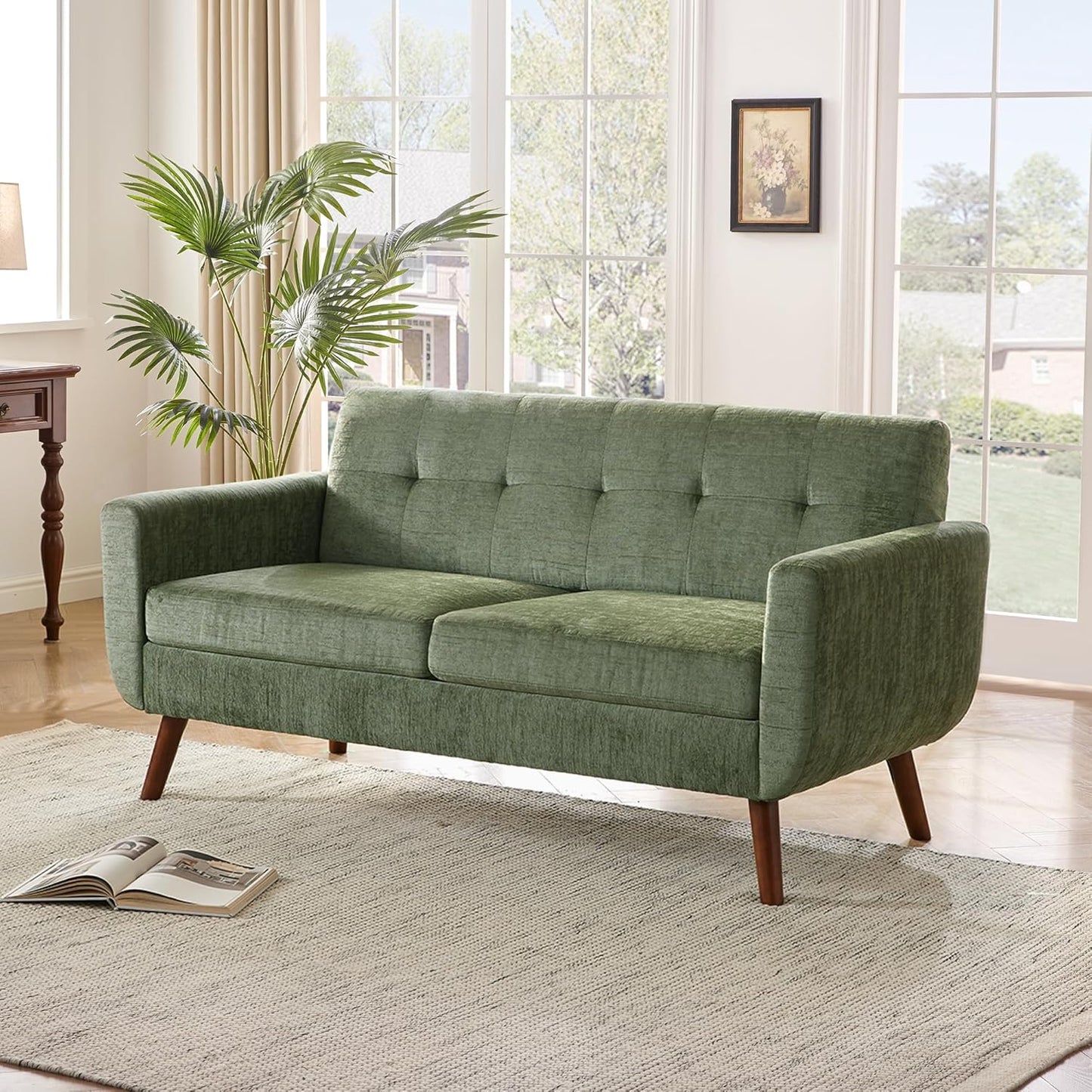 Tbfit 65" W Loveseat Sofa, Mid Century Modern Decor Love Seat Couches for Living Room, Button Tufted Upholstered Small Couch for Bedroom, Solid and Easy to Install Love Seats Furniture, Beige