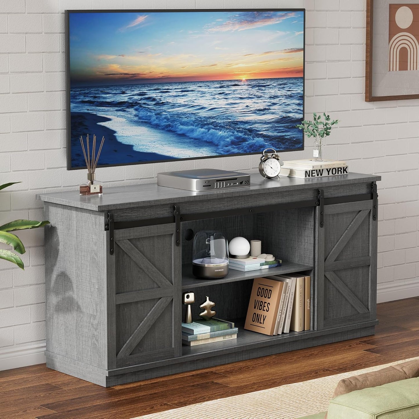YESHOMY Farmhouse TV Stand for Televisions up to 65 Inches, Sliding Barn Doors and Storage Cabinets, Console Table and Media Furniture for Living Room, 58 Inch, Milk White