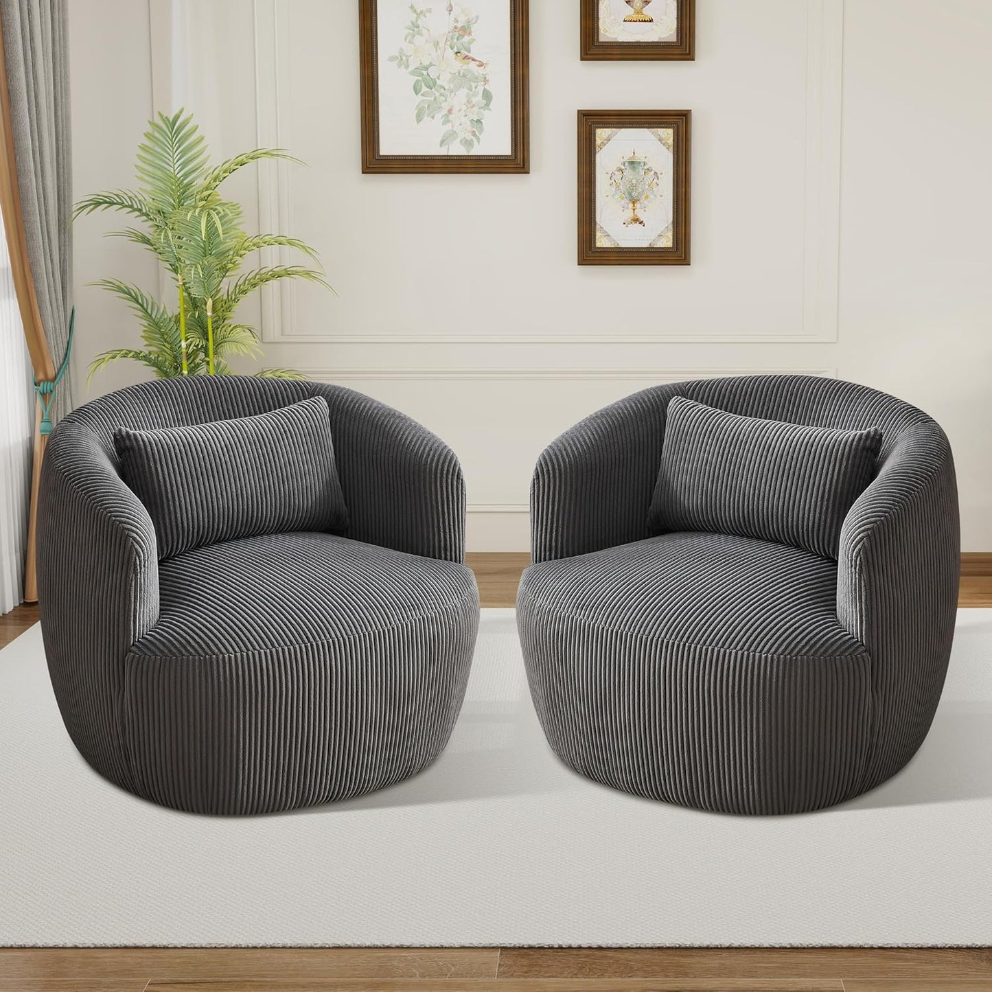 Aoiy & Wifon 34.25" W Swivel Barrel Chair, Upholstered Round Small Accent Chair, Single Comfy Barrel Chair for Living Room, Corduroy, Ivory