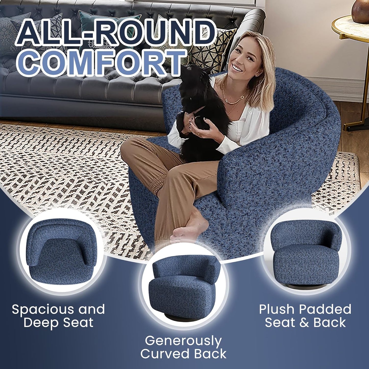 Swivel Accent Chair, Fully Assembled Round Barrel Chairs, Oversized Upholstered Armchair with 360-Degree Base, Modern Club Chair for Living Room, Bedroom, Office, Blue