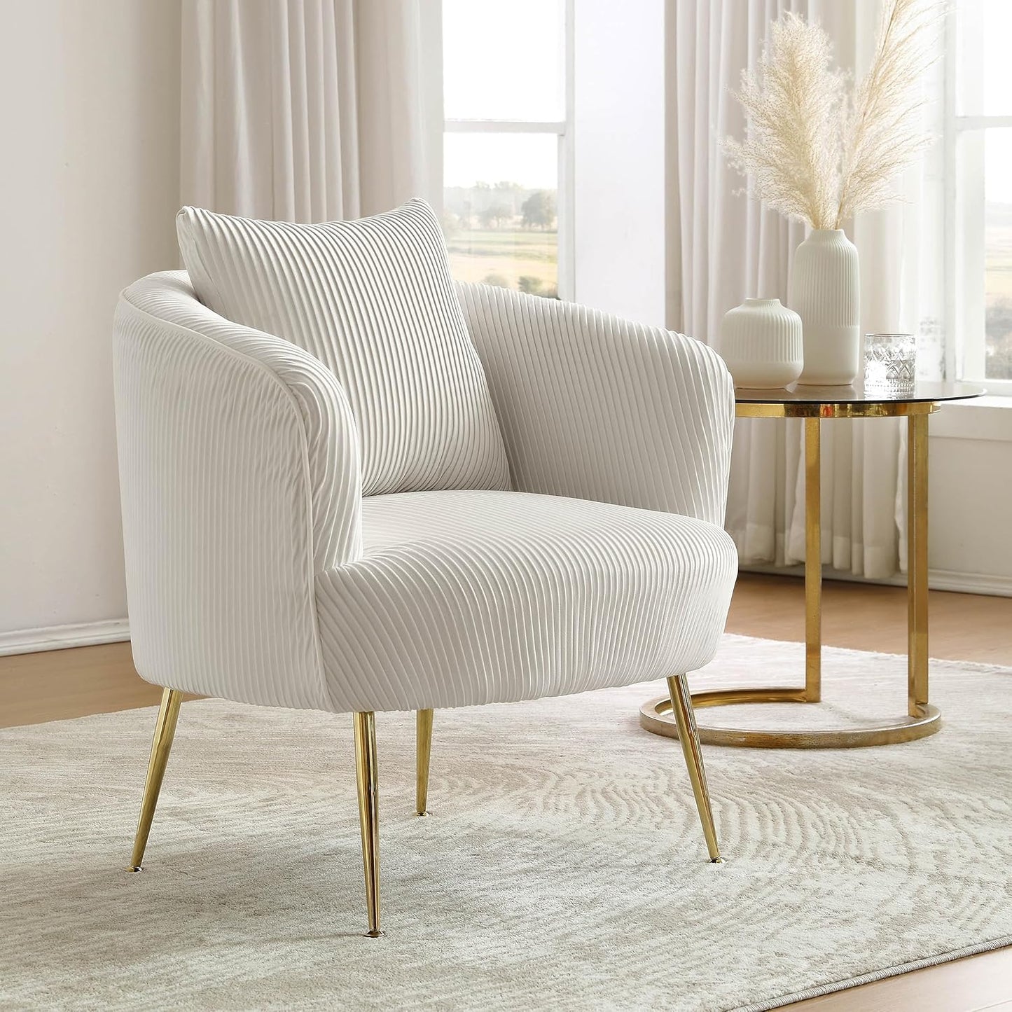Art Leon Accent Chair Set of 2, Modern Velvet Upholstered Armchairs, Living Room Side Chairs Barrel Chairs with Golden Metal Legs, Off White