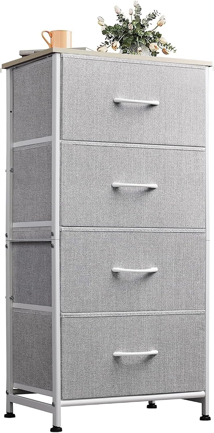 WLIVE Dresser with 4 Drawers, Fabric Storage Tower, Organizer Unit for Bedroom, Hallway, Entryway, Closets, Sturdy Steel Frame, Wood Top, Easy Pull Handle, Rustic Brown Wood Grain Print