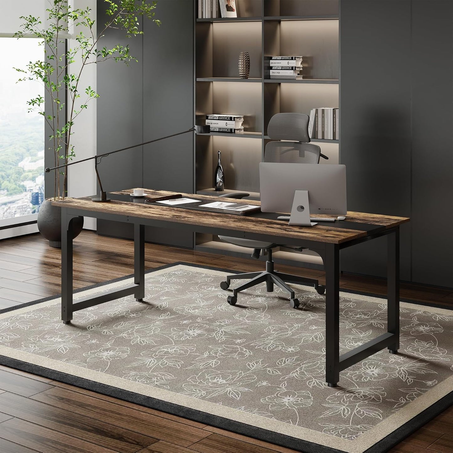 Large Office Computer Desk with Thicken Frame, 79.53 x 31.5 inch Modern Simple Workstation Business Furniture for Home Office, Rustic/Black