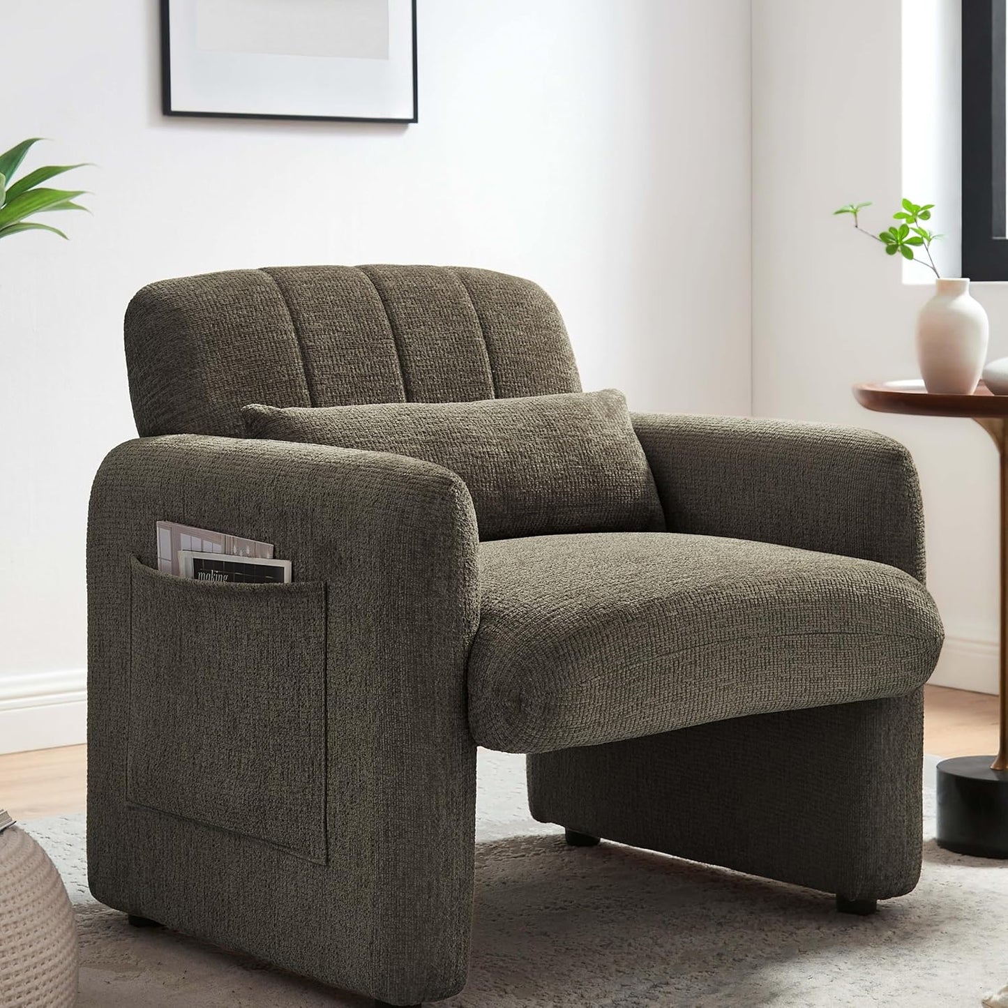 VKNOW Accent Chair Living Room Chair, Modern Fabric Chenille Armed Chair, Comfy Upholstered Armchair with Support Pillow for Living Room Bedroom Office, Light Brown
