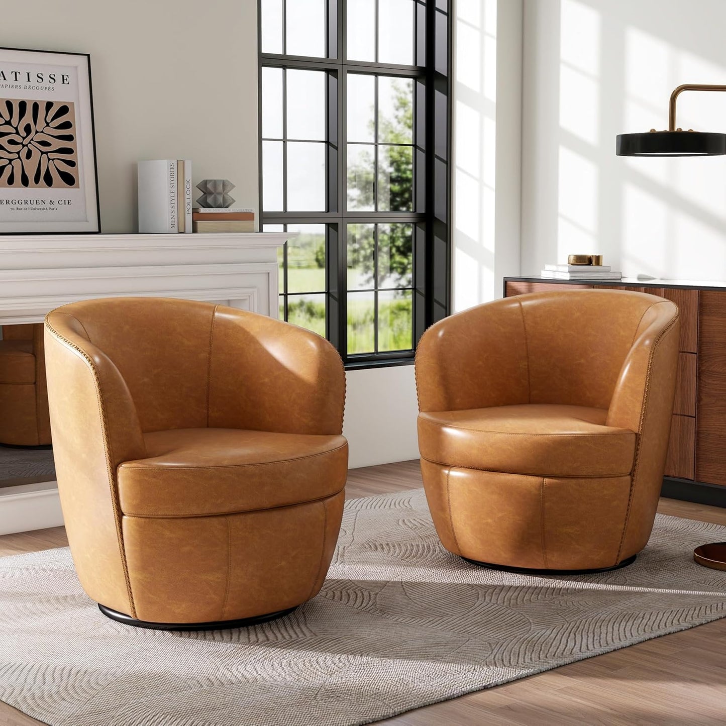 Swivel Barrel Chair, Modern Round PU Leather Accent Armchair for Living Room, Bedroom, Oversized Comfy Club Reading Chairs for Adults (Leather Red Brown, Set of 1)
