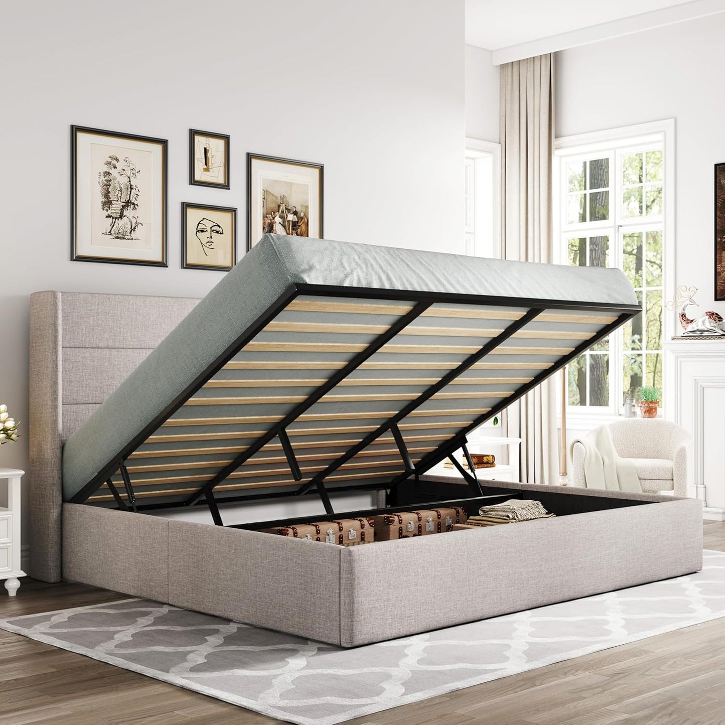Allewie Full Size Velvet Lift Up Storage Bed, Modern Wingback Headboard, Hydraulic Support, No Box Spring Needed, White