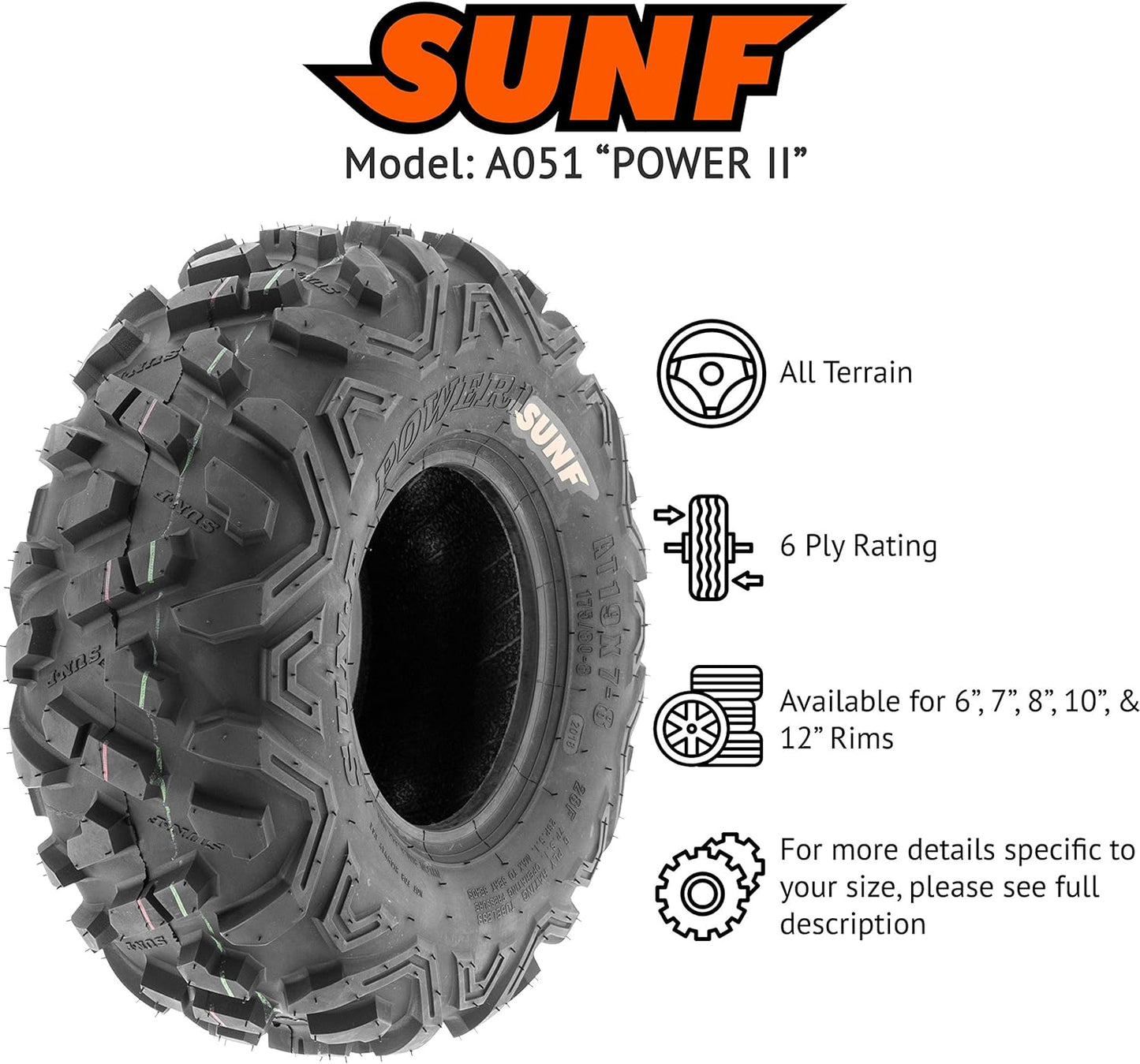SunF 22x7-11 ATV UTV 22x7x11 All Terrain Tires 6 PR A051 POWER II - PAIR of 2