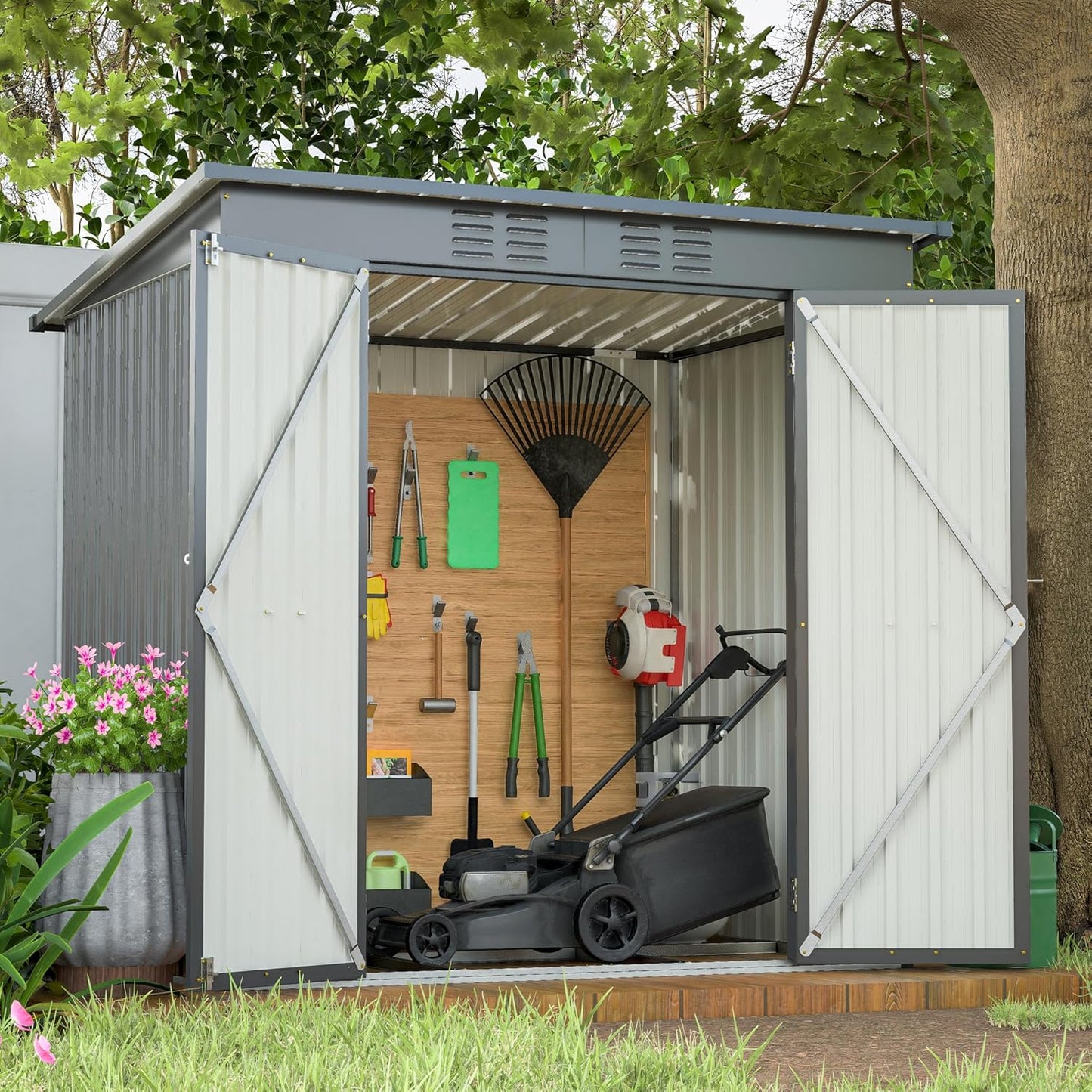 4×8 FT Outdoor Metal Storage Shed,Heavy-Duty Lean to Storage Shed with Floor Base,Garden Tool Metal Storage House W/Lockable Door and 2 Air Vents,Weather Resistant,for Backyard,Patio,Lawn,Black