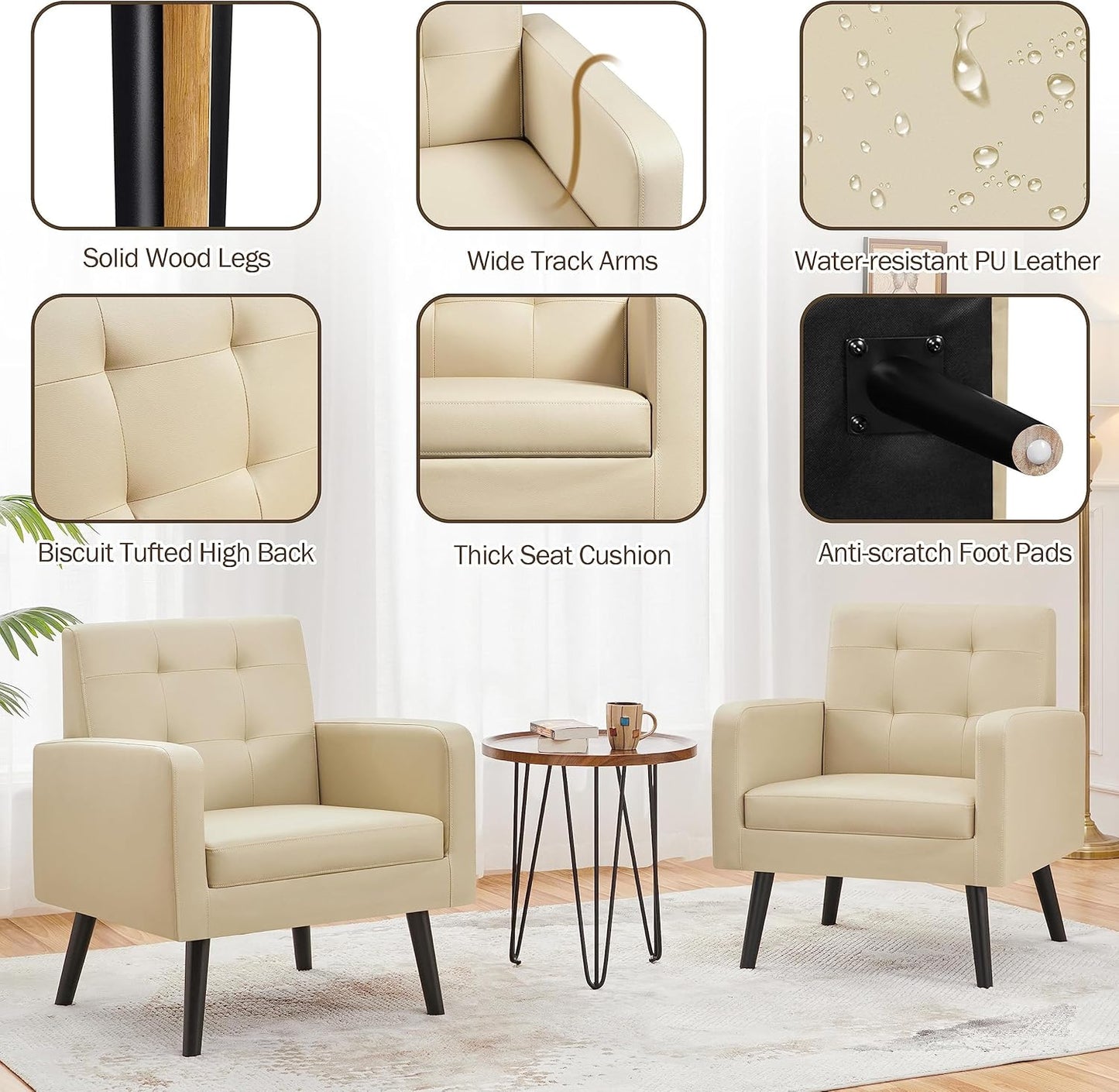 Topeakmart Mid Century Accent Chair, Modern and Cozy PU Leather Barrel Sofa Chair with Thick Cushion and Sturdy Wood Legs for Living Room/Bed Room/Office Waiting Area Beige 2PCS