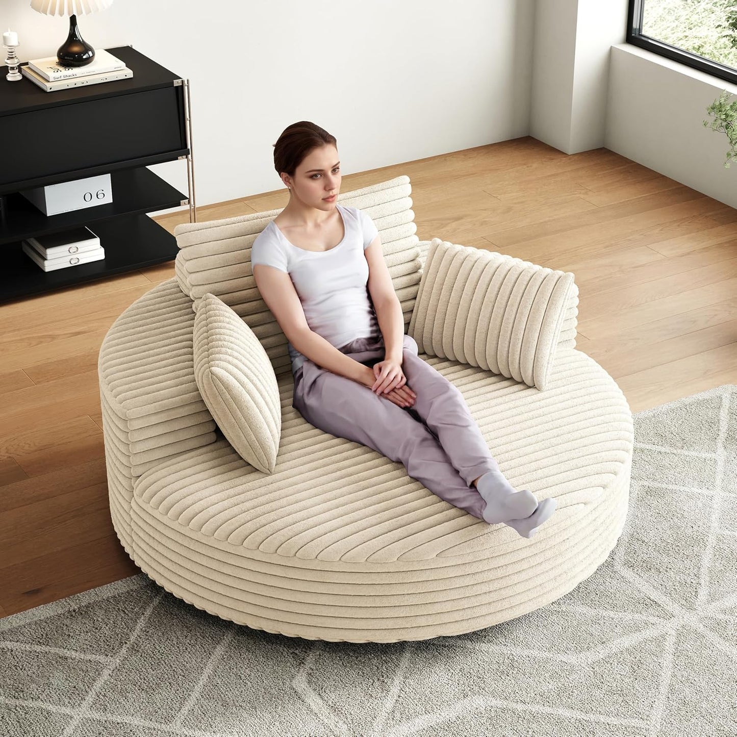 TTK 55” Oversized Corduroy Swivel Chair, Fluffy 360° Rotating Sleeper Armchair with Pillows & Headrest, Full Foam Barrel Chair for Living Room, Bedroom, Reading Nook, Lounge or Apartment,Gray