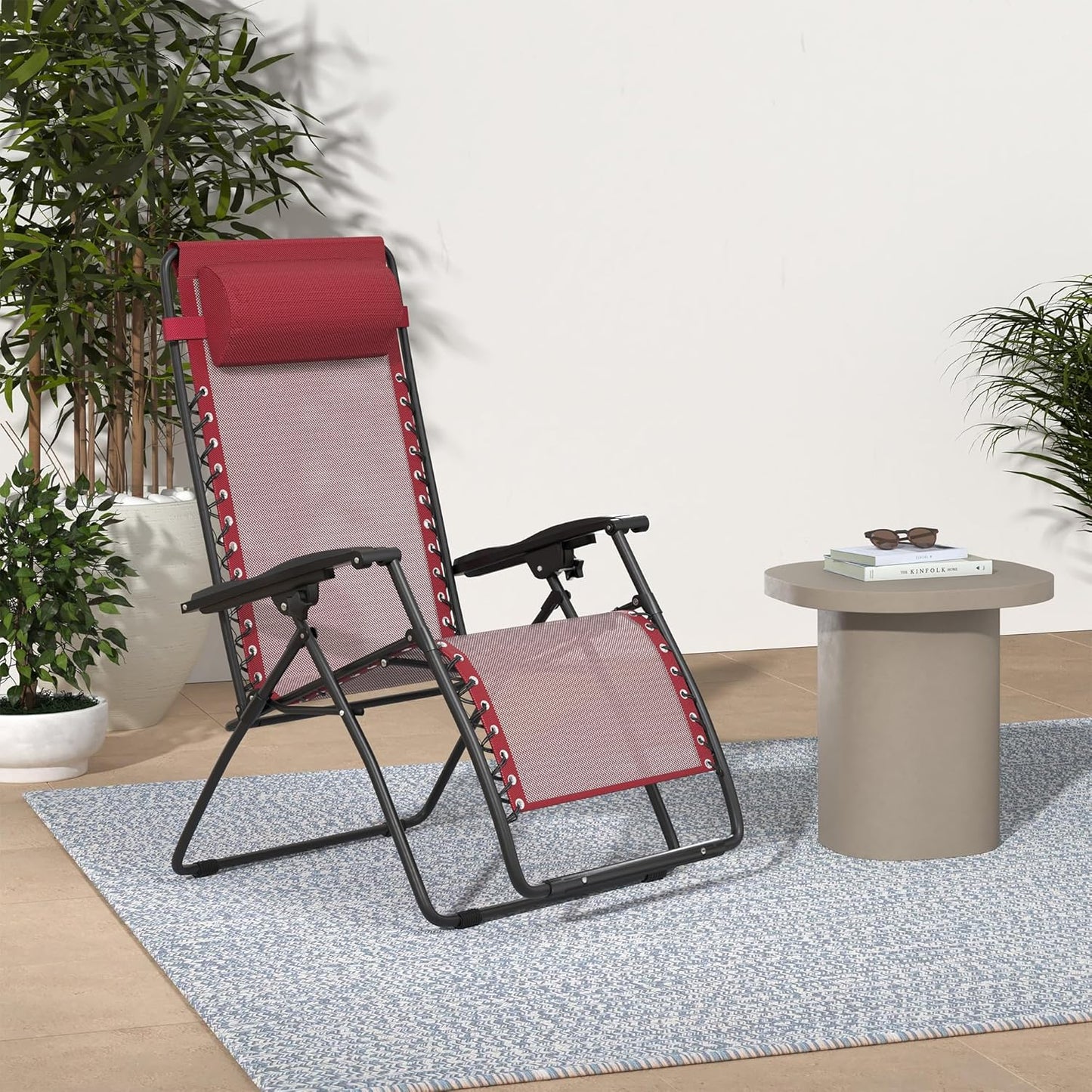 Amazon Basics Outdoor Patio Zero Gravity Lounge Chair with Pillow, Folding Reclining and Textilene Adjustable, Folding Lounge Lawn Chairs for Outside, 26", Black