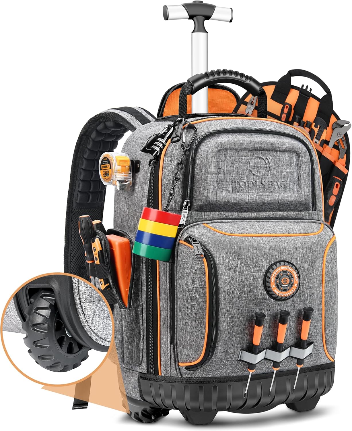 Backpack Tool Bag with Wheel, Rolling Tool Backpack for Electrician Heavy Duty Roller Tool Bag on Wheel for Construction Work, 75 Pockets & Loops Tool Backpack with Molded Base and Combination Lock