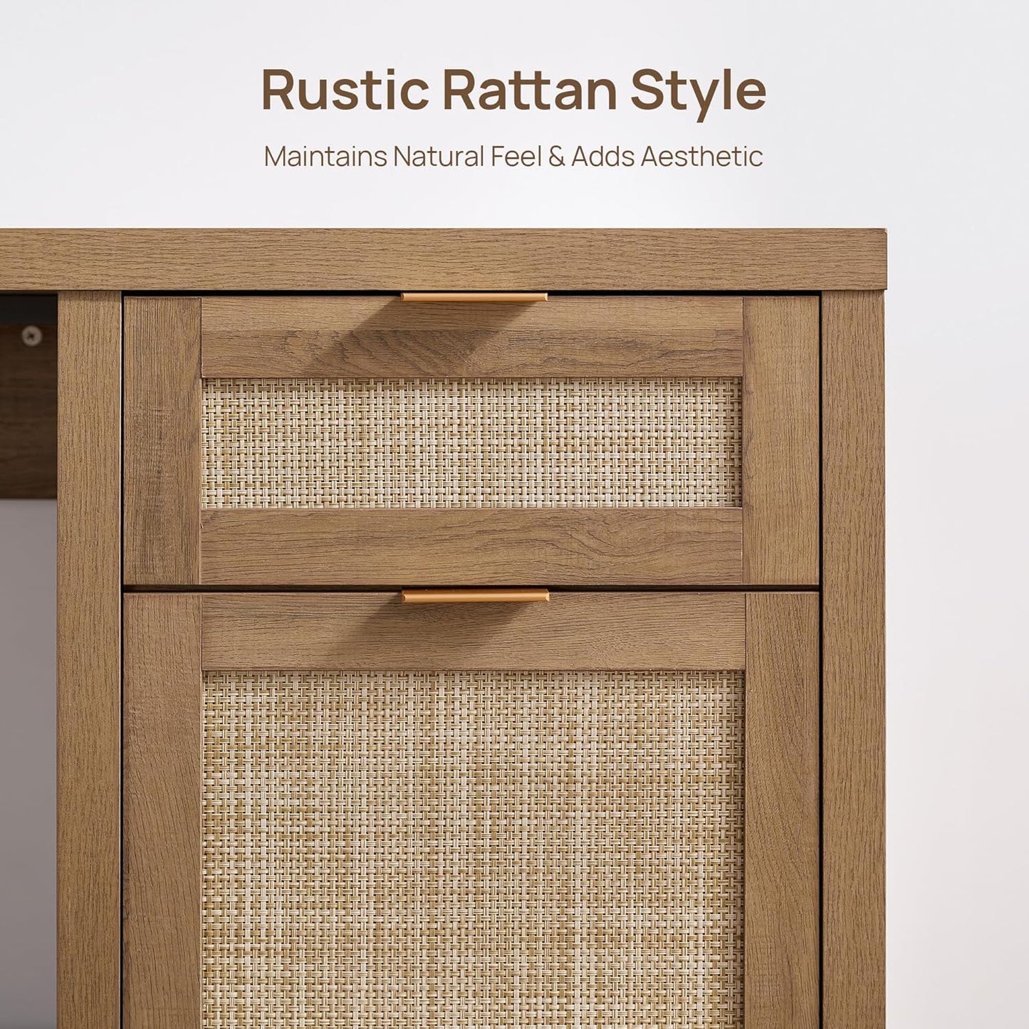 SICOTAS Rattan Executive Desk with Storage, 59" Boho Home Office Desk with Cabinets and Drawers, Large Computer Table Vanity Desk for Office, Study, Living Room, Oak
