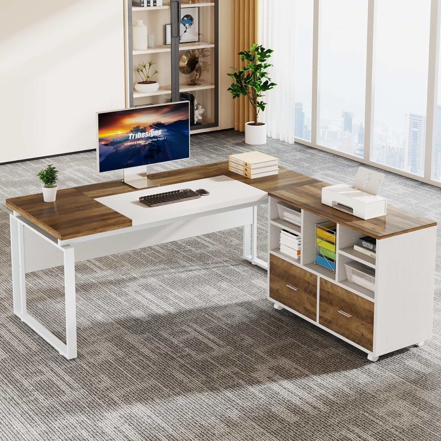 Tribesigns L-Shaped Executive Desk with Reversible File Cabinet, 63" Office Desk with Storage Drawers, L-Shaped Computer Desk with Drawer Cabinet for Hanging Letter Size Files (Walnut & Black)