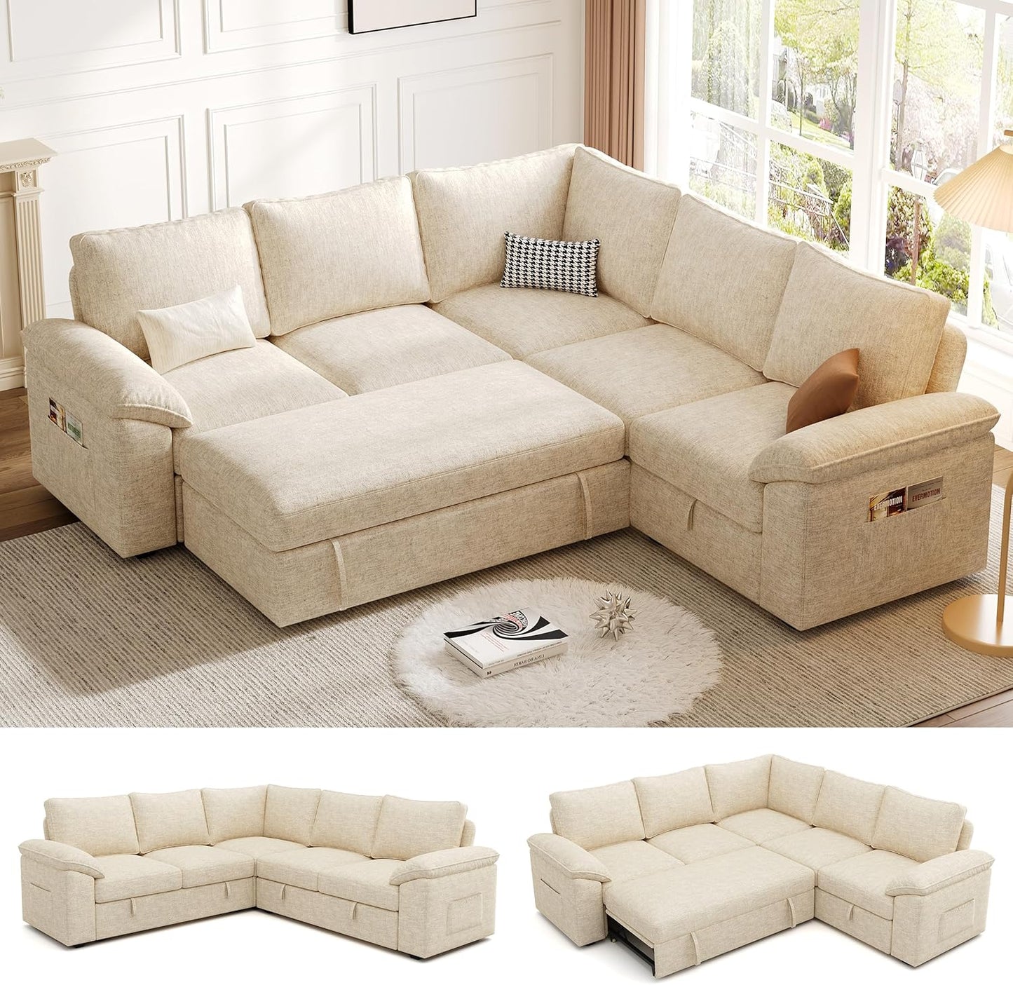 108 Inch Sectional Sleeper Sofa with Pull Out Bed,U Shaped 7 Seat Modular Sectional Sofa with Storage,Sectional Couches for Living Room,Cloud Modular Couch,Removable Sofa Cover,Dark Grey