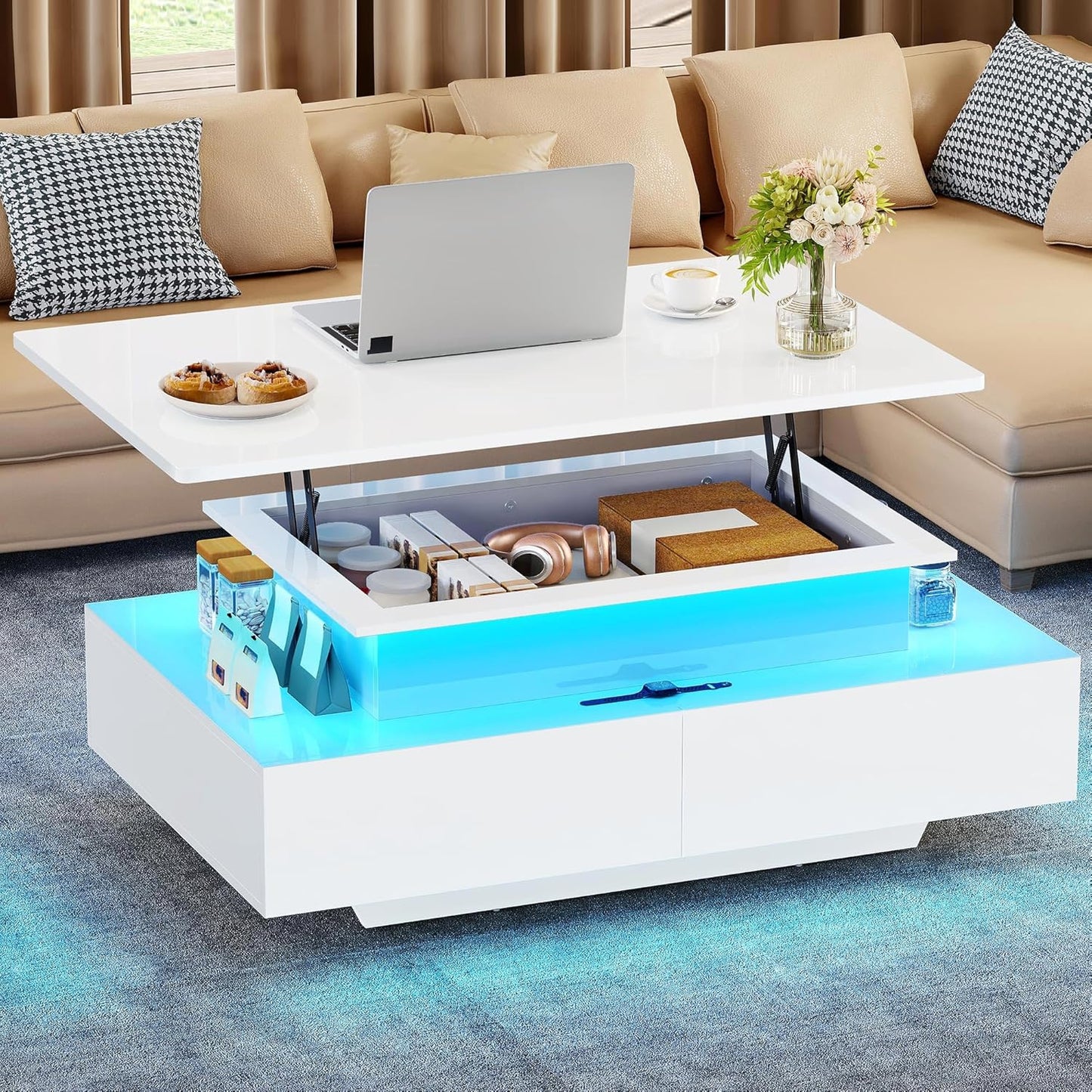 YITAHOME LED Coffee Tables for Living Room, High Glossy Coffee Table with Storage 4 Sliding Drawers, Small Rectangular LED Coffee Table Center Table with Open Display Shelf, Glossy White
