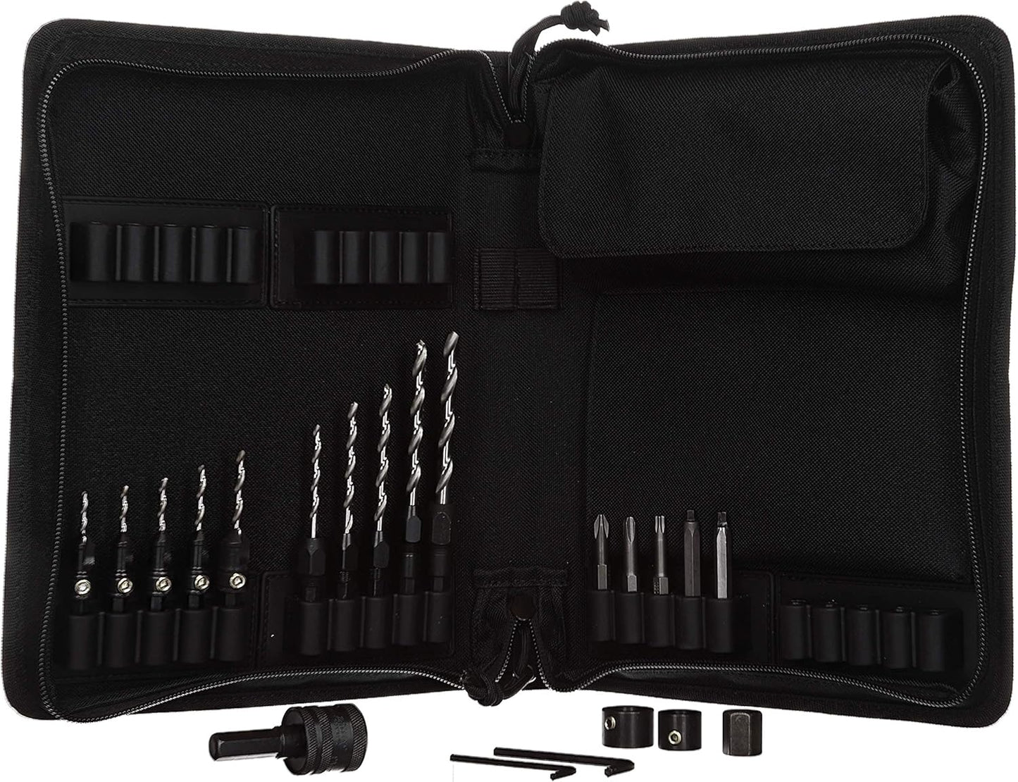 Snappy Tools Deluxe Tool Book, Maker's Edition, 5-Pc. Countersinks, 5-Pc. Drill Adapters, 5-Pc. Hinge Bits, 5-Pc. Driver Bits, 3-Pc. Plug Cutters, 3-Pc. Counterbores, 1-Pc. Stop Collar, 1-Pc. Chuck