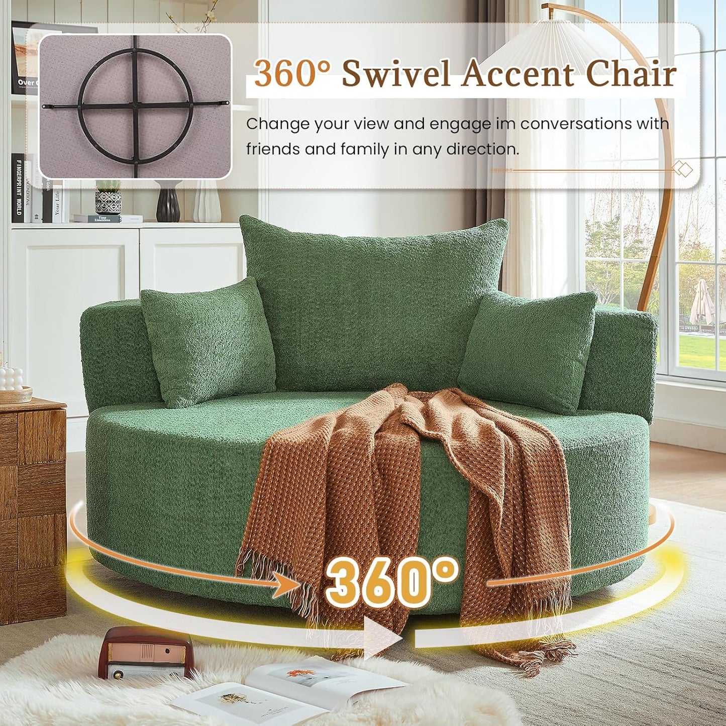 55.1” Oversized Round Swivel Barrel Chair, Large Upholstered Accent Sofa Chair with 3 Pillow, Comfy Chenille Cloud Circle Reading Chaise Lounge Indoor for Living Room, Bedroom,Apartment,Green