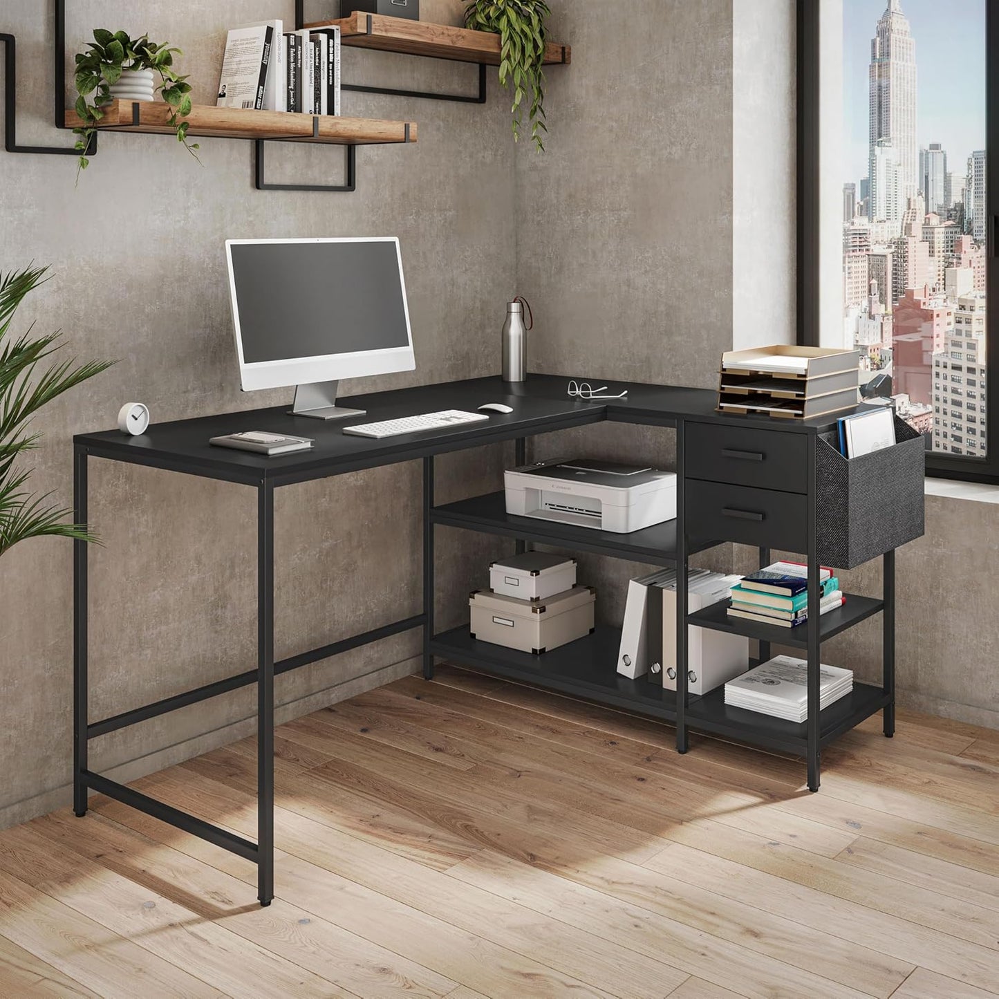 Techni Mobili Modern L-Shaped Desk with Storage, Corner Computer Desk for Home & Office with, 2 Drawers, Open Storage Shelves, Fabric Organizer & Sturdy Metal Frame, Black