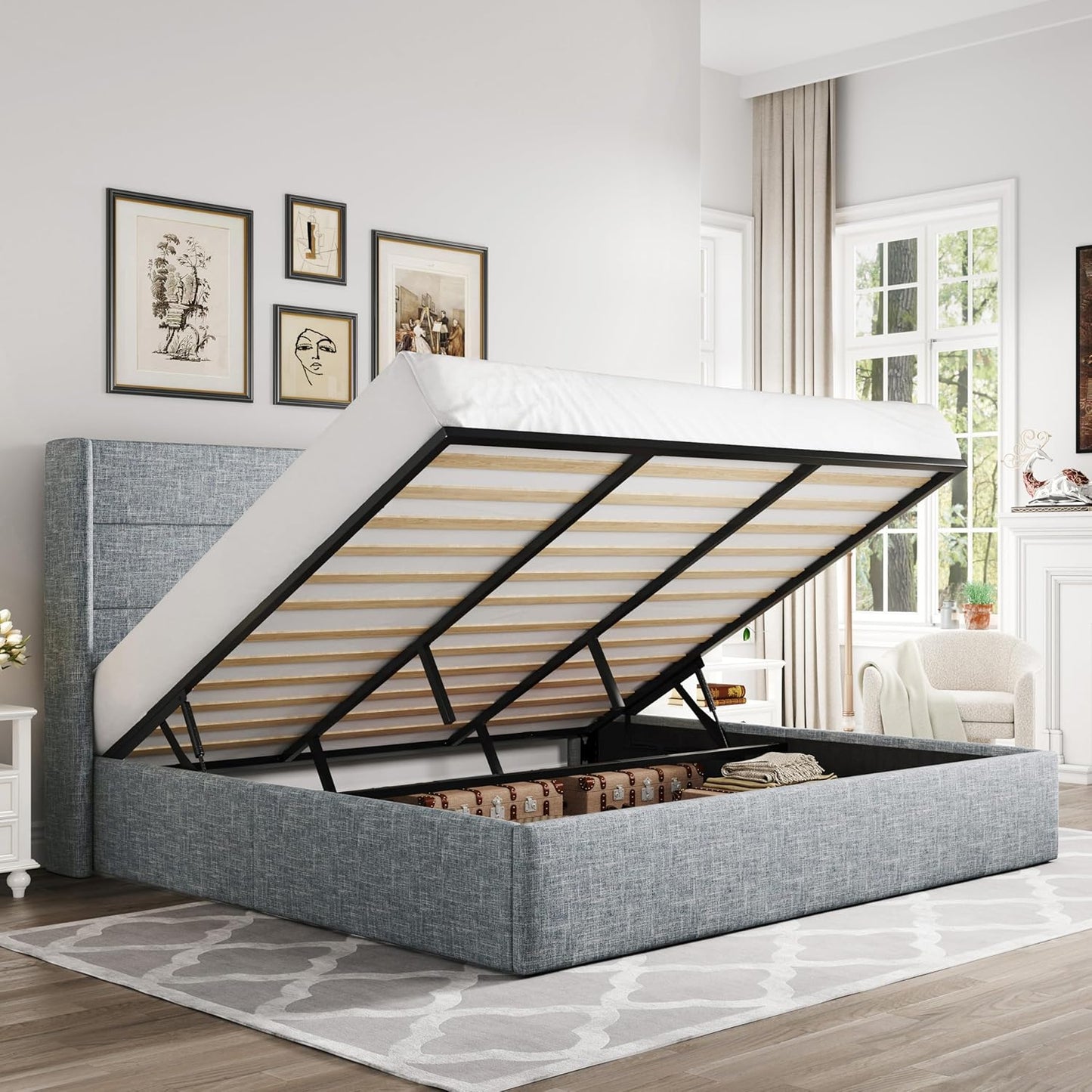 Allewie King Size Lift Up Storage Bed, Modern Wingback Headboard, Hydraulic Support, No Box Spring Needed, Light Beige