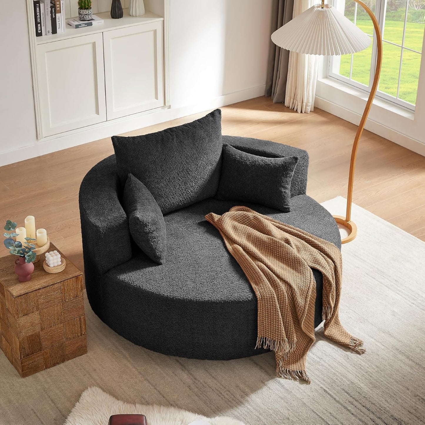 55.1” Oversized Round Swivel Barrel Chair, Large Upholstered Accent Sofa Chair with 3 Pillow, Comfy Chenille Cloud Circle Reading Chaise Lounge Indoor for Living Room, Bedroom,Apartment,Green