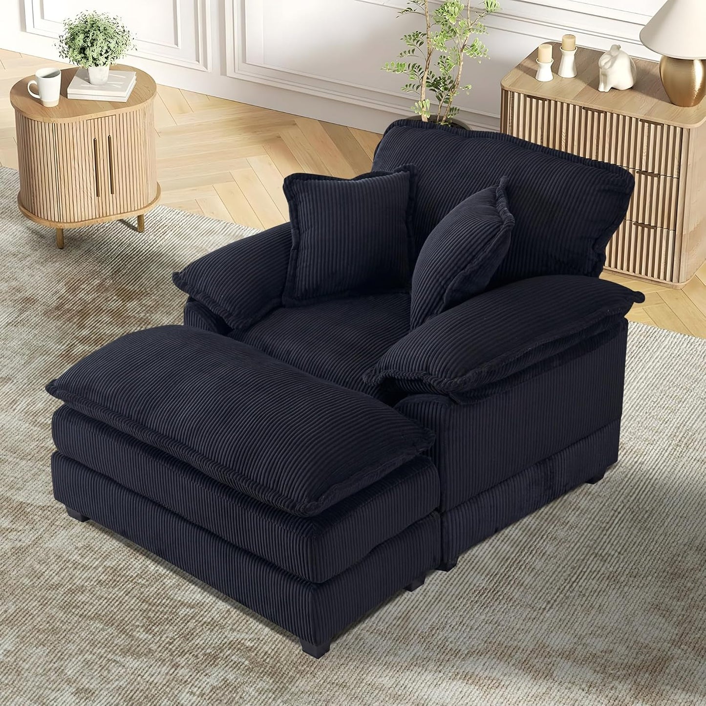TTK Oversized Corduroy Chaise Lounge Chair with Ottoman - 46.9" Wide Modern Sleeper Sofa for Living Room, Bedroom & Office - Deep Seat Sectional Couch with Pillow, Comfortable Reading Chair, Beige