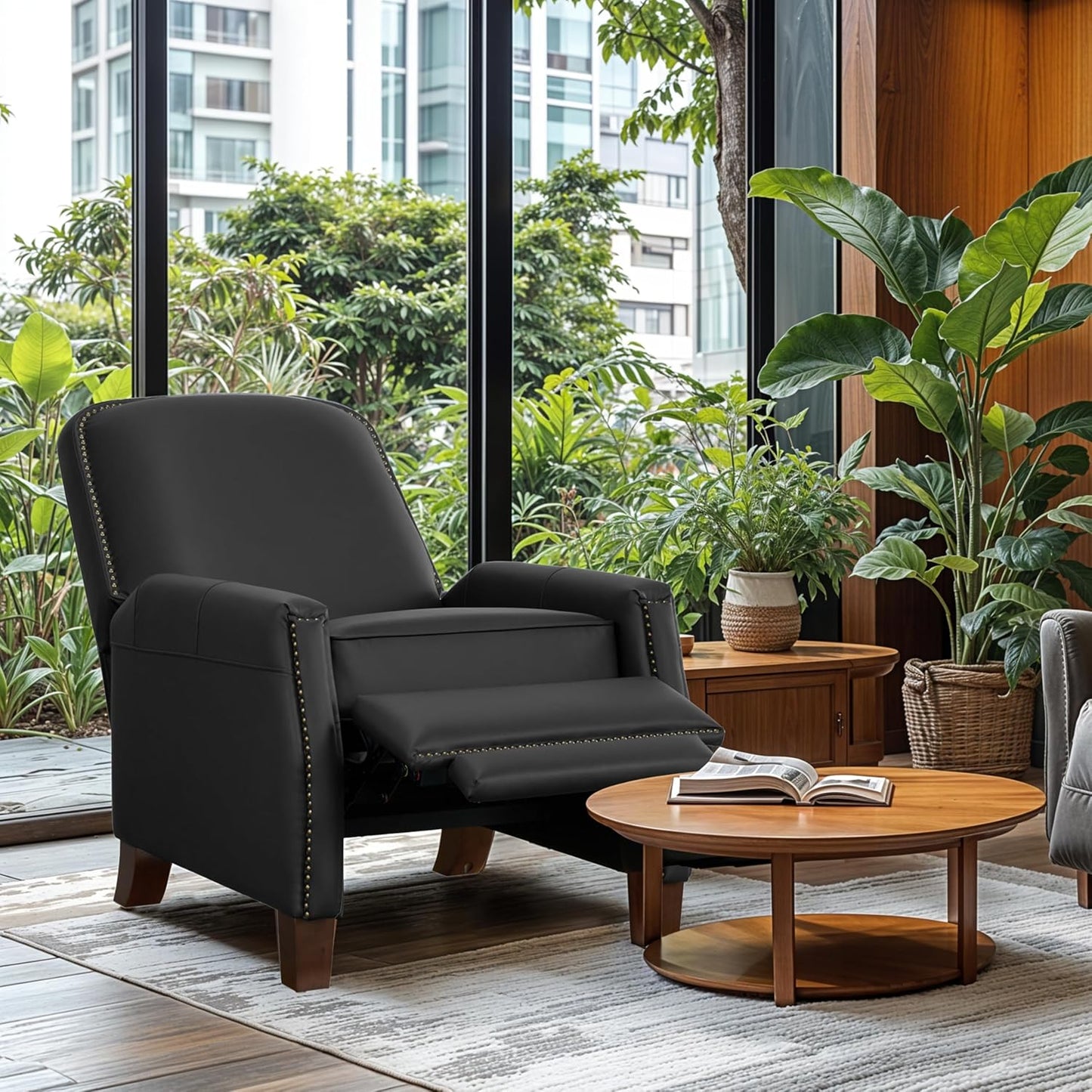 Simple Deluxe Mid-Century Modern Pushback Chair, Faux Leather Recliner Chair for Bedroom, Adjustable Single Upholstered Sofa with Brass Nailhead Trim, Recliners Armchair for Living Room, Black