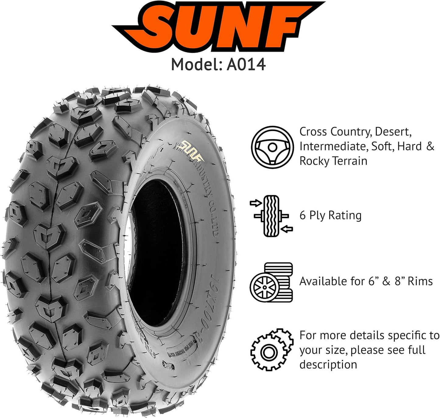 SunF A014 XC Sport-Racing Go-Kart & Quad ATV 19x7-8 Knobby Tire, 6 PR, Tubeless