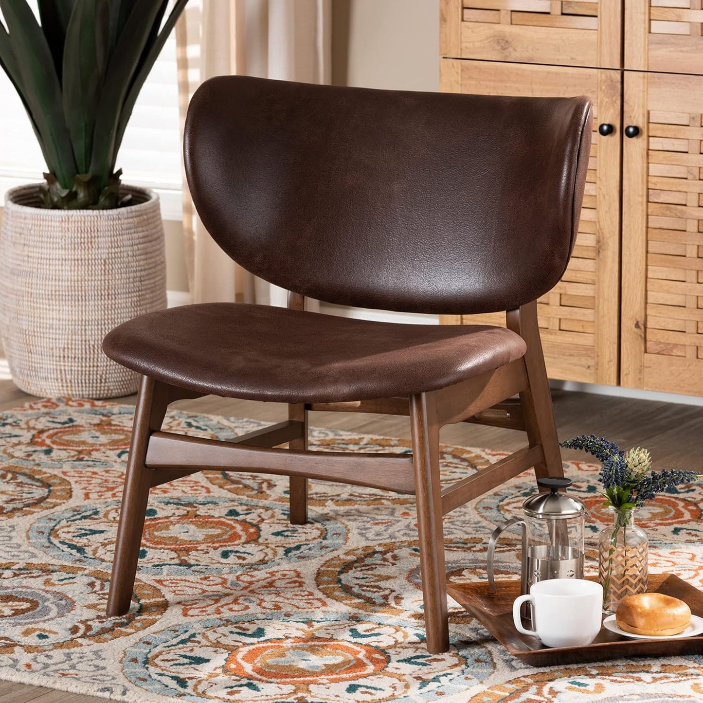 Baxton Studio Marcos Mid-Century Modern Dark Brown Faux Leather Effect and Walnut Brown Finished Wood Living Room Accent Chair