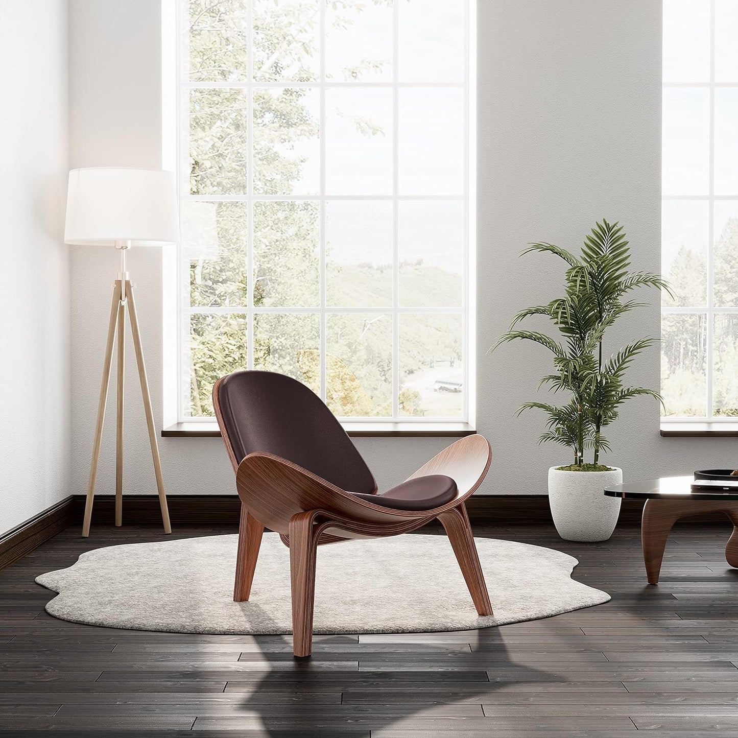 1inchome Mid Century Modern Shell Lounge Chair, Full Grain Leather, Scandinavian Furniture Tripod Plywood Classic Design Solid Wood Accent Chairs for Living Room, Reading, Lounge, Office, Salon