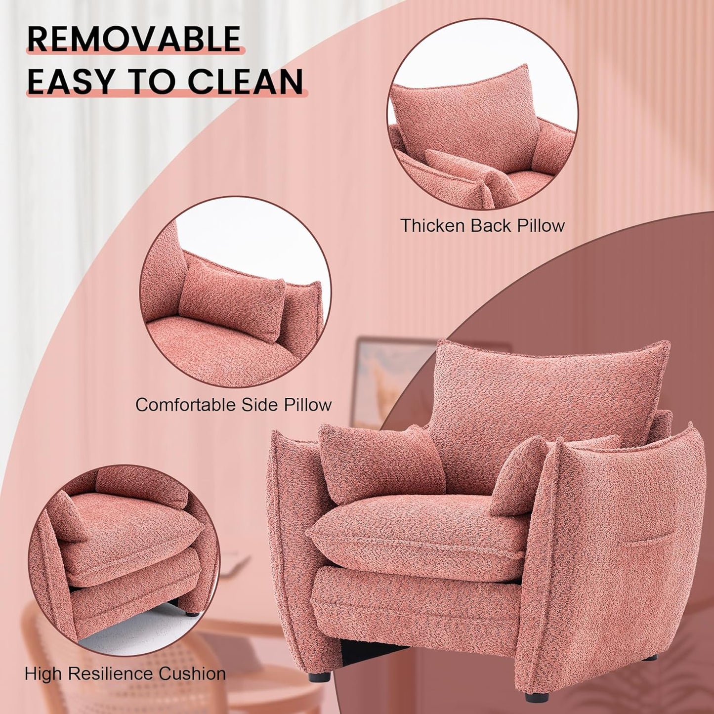 35.82" Upholstered Oversized Accent Chair Wide with Pillows, Chenille Deep Seat Reading Oversized Armchair Modern Comfy, for Living Room,Bedroom,Apartment,Office (Pink)