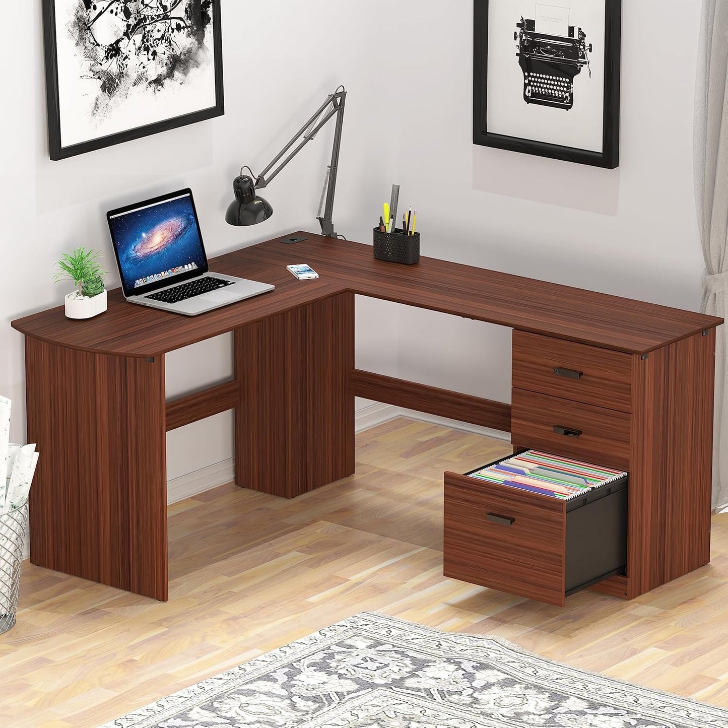 SHW 51 x 59 Inches L-Shaped Home Office Wood Corner Desk with Box Box File Drawers, Black