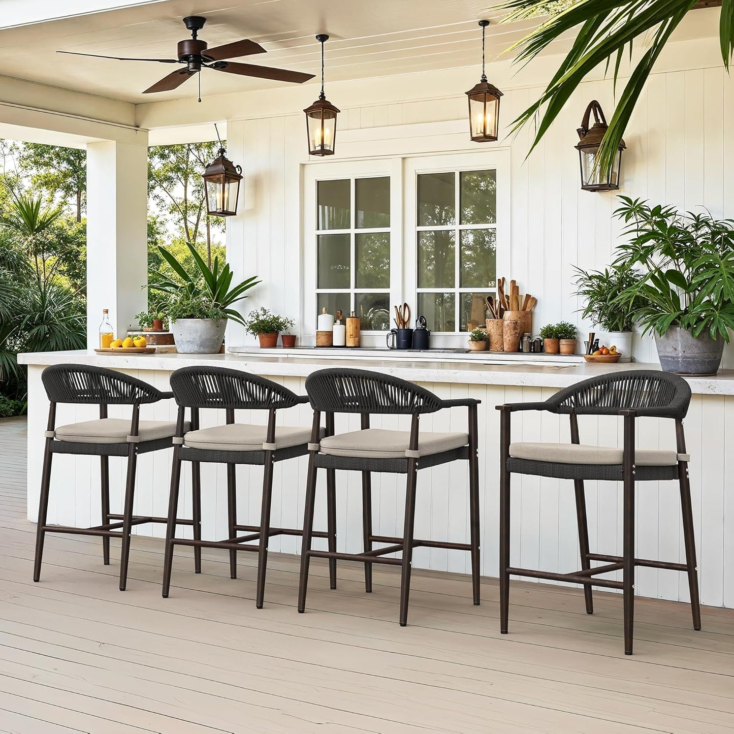 Bar Stools Set of 4, 24.8'' Aluminum Outdoor Bar Stool with Removable Cushion, Boho Rattan BarStools, Olefin Rope Woven Bar Chairs with Footrest for Patio, Garden, Pool, Kitchen, Black