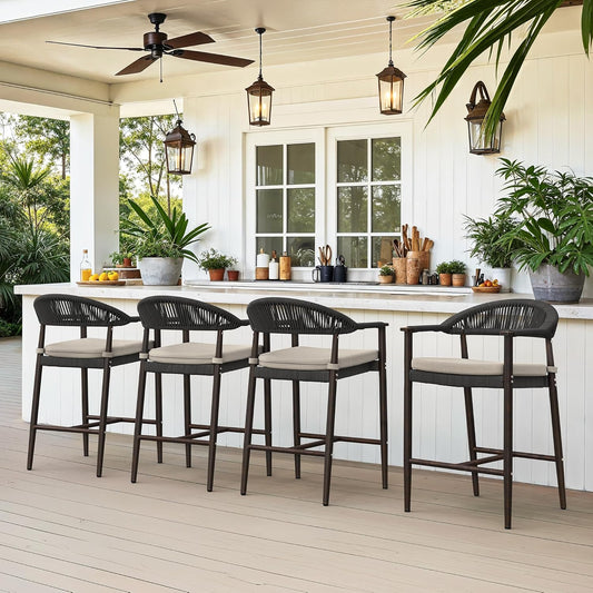 Bar Stools Set of 4, 24.8'' Aluminum Outdoor Bar Stool with Removable Cushion, Boho Rattan BarStools, Olefin Rope Woven Bar Chairs with Footrest for Patio, Garden, Pool, Kitchen, Black