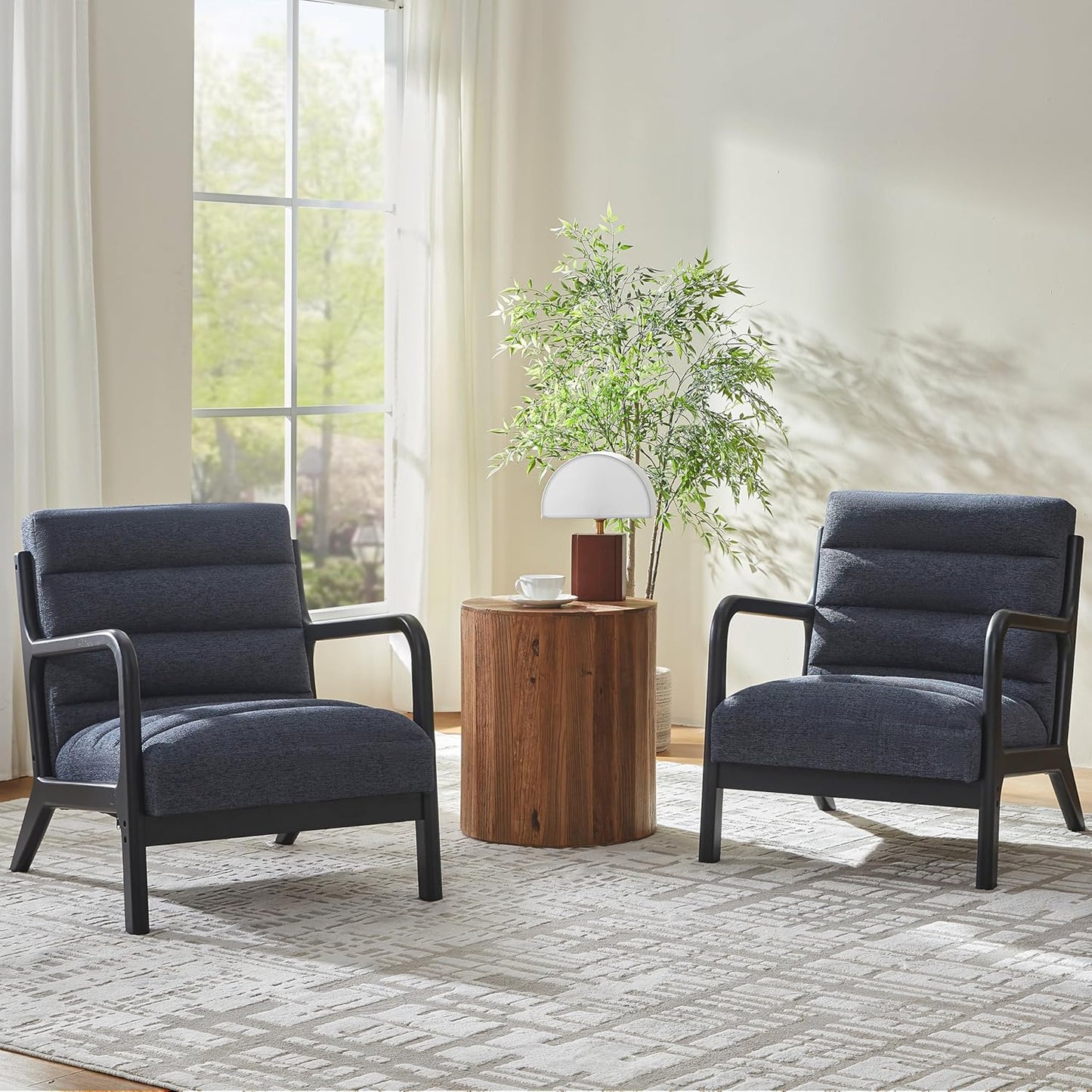 VKNOW Accent Chairs with Rubberwood Frame Accent Chairs Set of 2, Mid-Century Modern Upholstered Reading Armchair, High Back Lounge Armchair Living Room Chair for Bedroom Reading Room, Light Brown